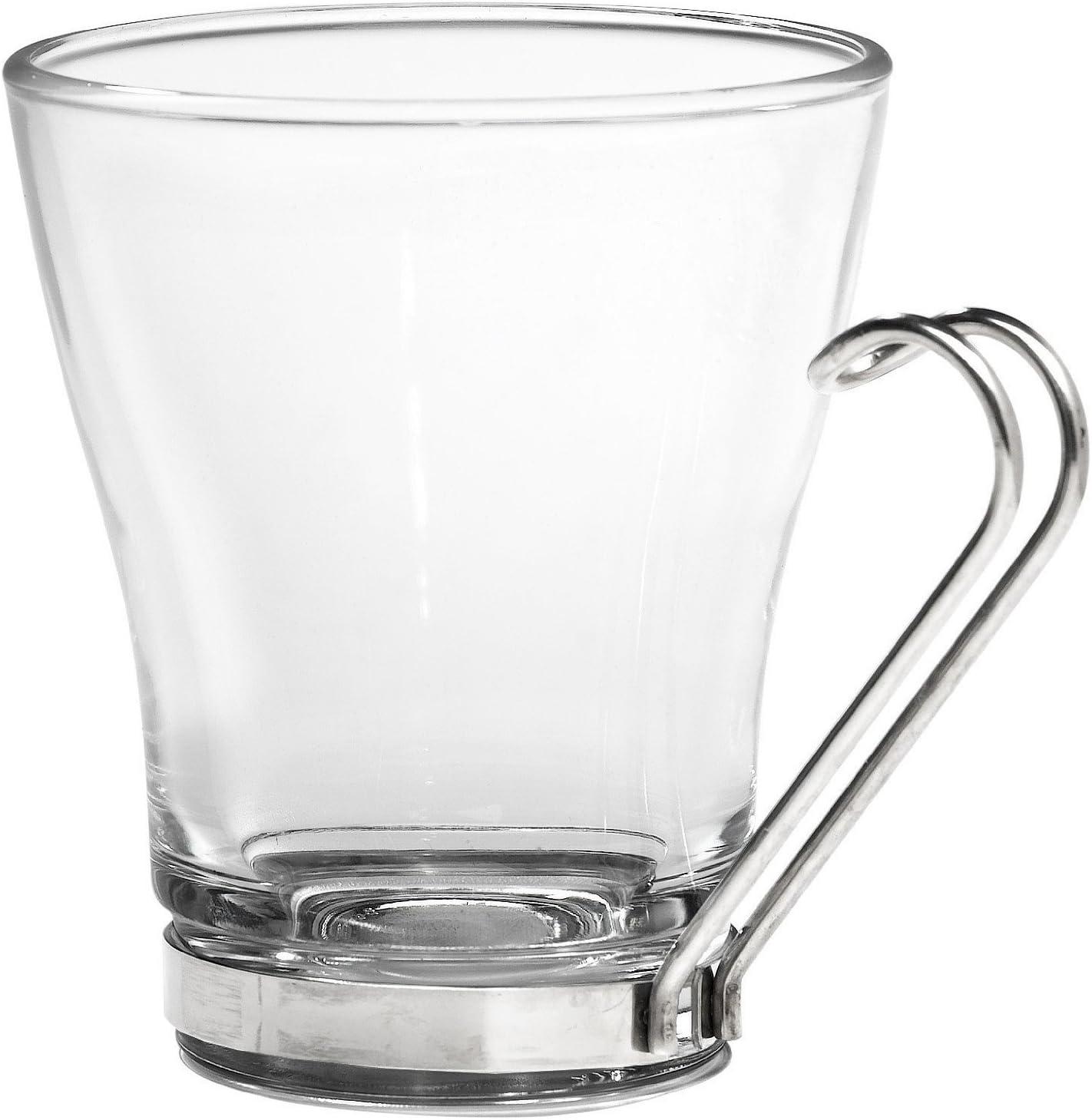 Bormioli Rocco Oslo Tempered Glass Cappuccino Cup With Stainless Steel Handle 7.5 Oz Set Of 4, Clear Silver