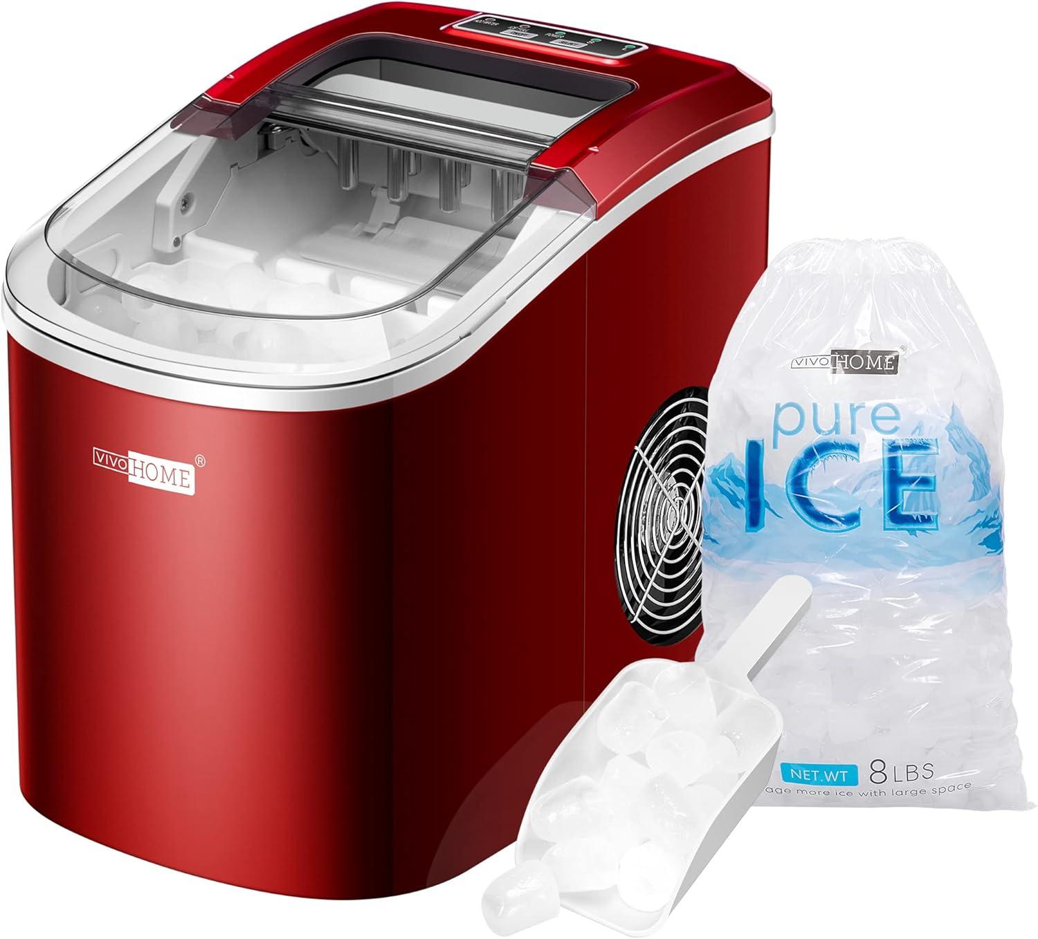 SPECSTAR Countertop Ice Maker 27Lbs/24H, Self-Cleaning Portable Ice Maker Machine with Hand Scoop 10 Ice Bags for Home/Kitchen/Party, Red