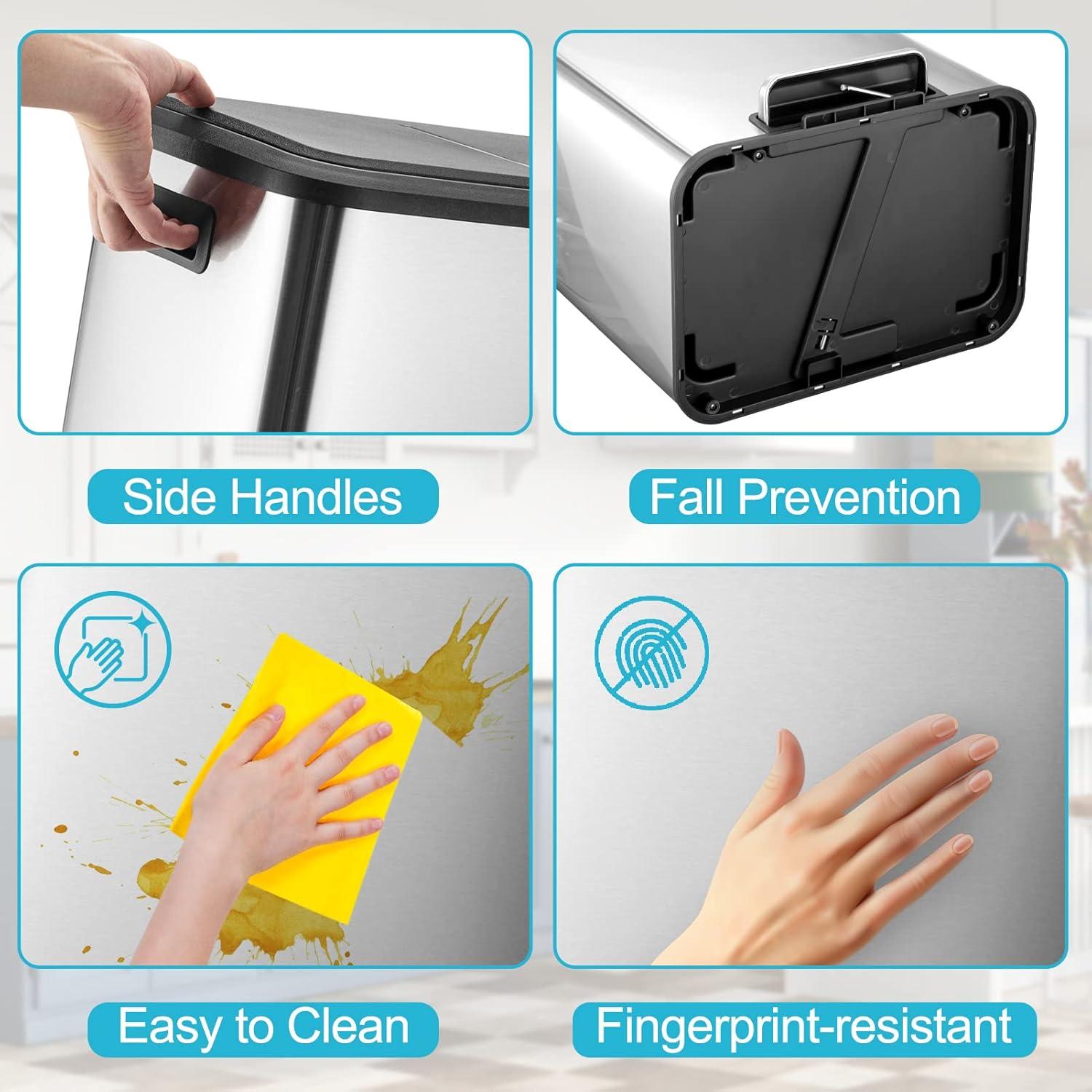 GlowSol Dual Trash Can for Recycling and Trash, Stainless Steel Kitchen Trash Can with Lid and Foot Pedal, Double Compartment Garbage Can, Trash Can with Recycling Bin (2 x 15 L)