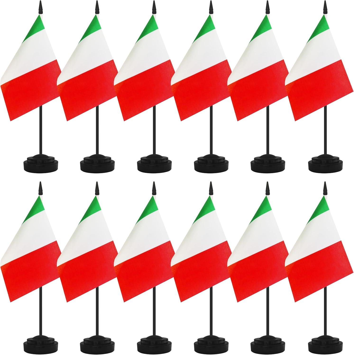 Italy Flags Italian Desk Flag Set Small Mini Italy Table Office Flag with 13" Black Pole, Black Base and Spear Top,Miniature Italian Deluxe Desktop Flag, Home Decoration, Office Decoration, Festival Celebrations(12 Pack )