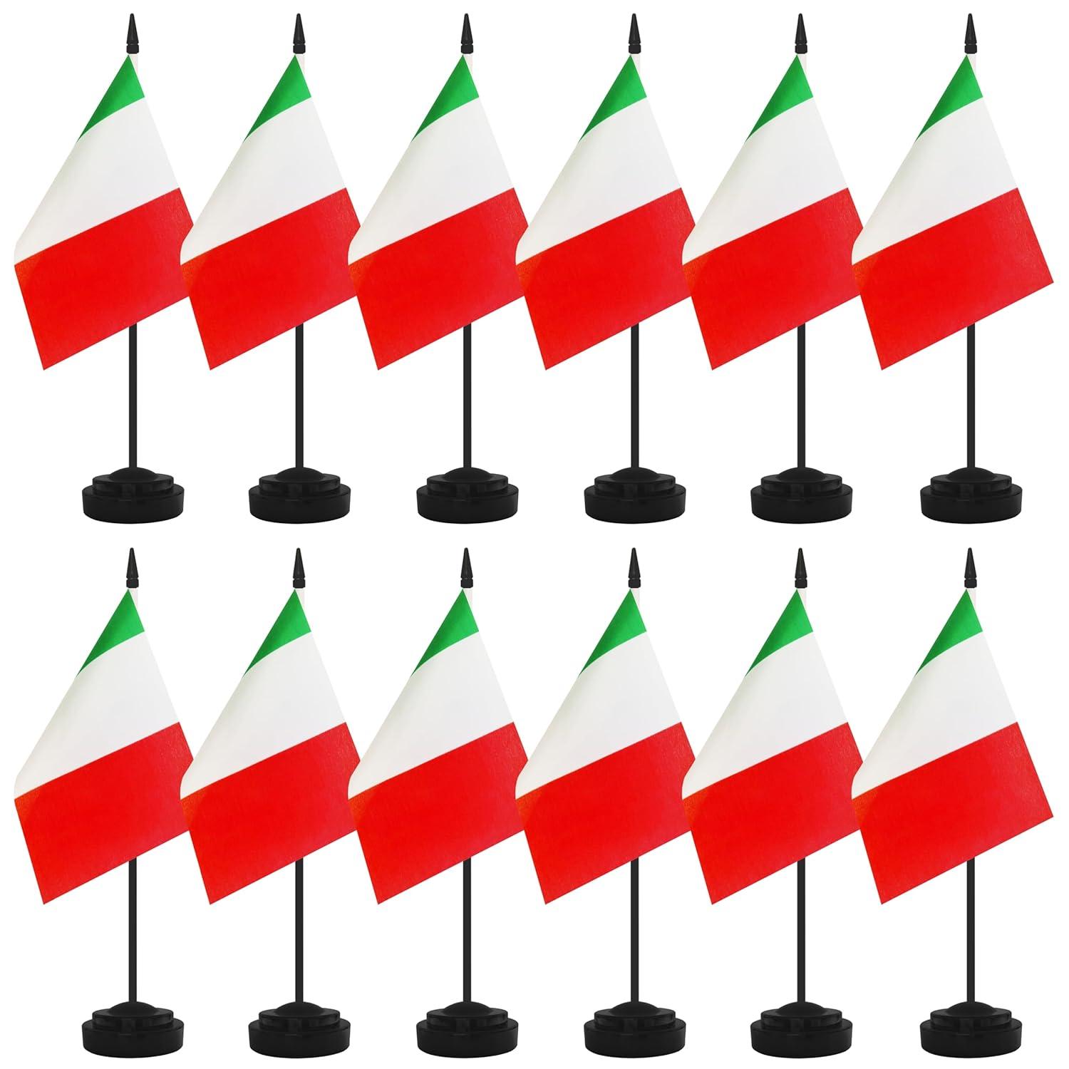 Italy Flags Italian Desk Flag Set Small Mini Italy Table Office Flag with 13" Black Pole, Black Base and Spear Top,Miniature Italian Deluxe Desktop Flag, Home Decoration, Office Decoration, Festival Celebrations(12 Pack )