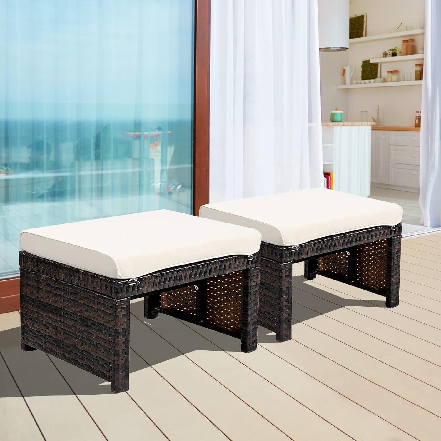 GVN 2 Pieces Patio Rattan Ottomans with Soft Cushion for Patio and Garden-White, Outdoor Footstool Footrest Furniture, All Weather Outdoor Ottomans Footrest Seat