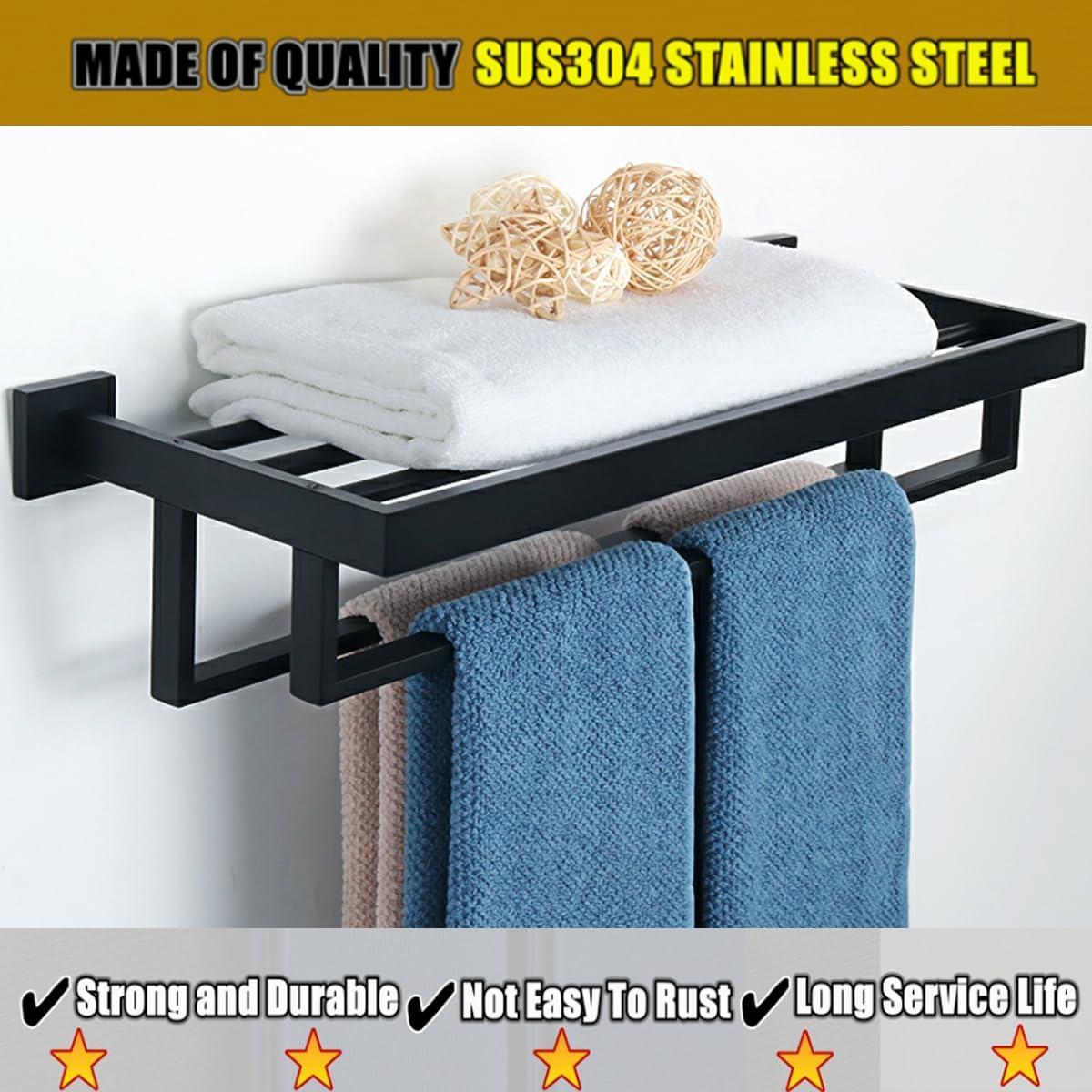 Alise Towel Rack with Double Towel Bar, 24 Inch Towel Racks for Bathroom, Modern Towel Holder for Bathroom Wall, SUS304 Stainless Steel Towel Shelf, Matte Black