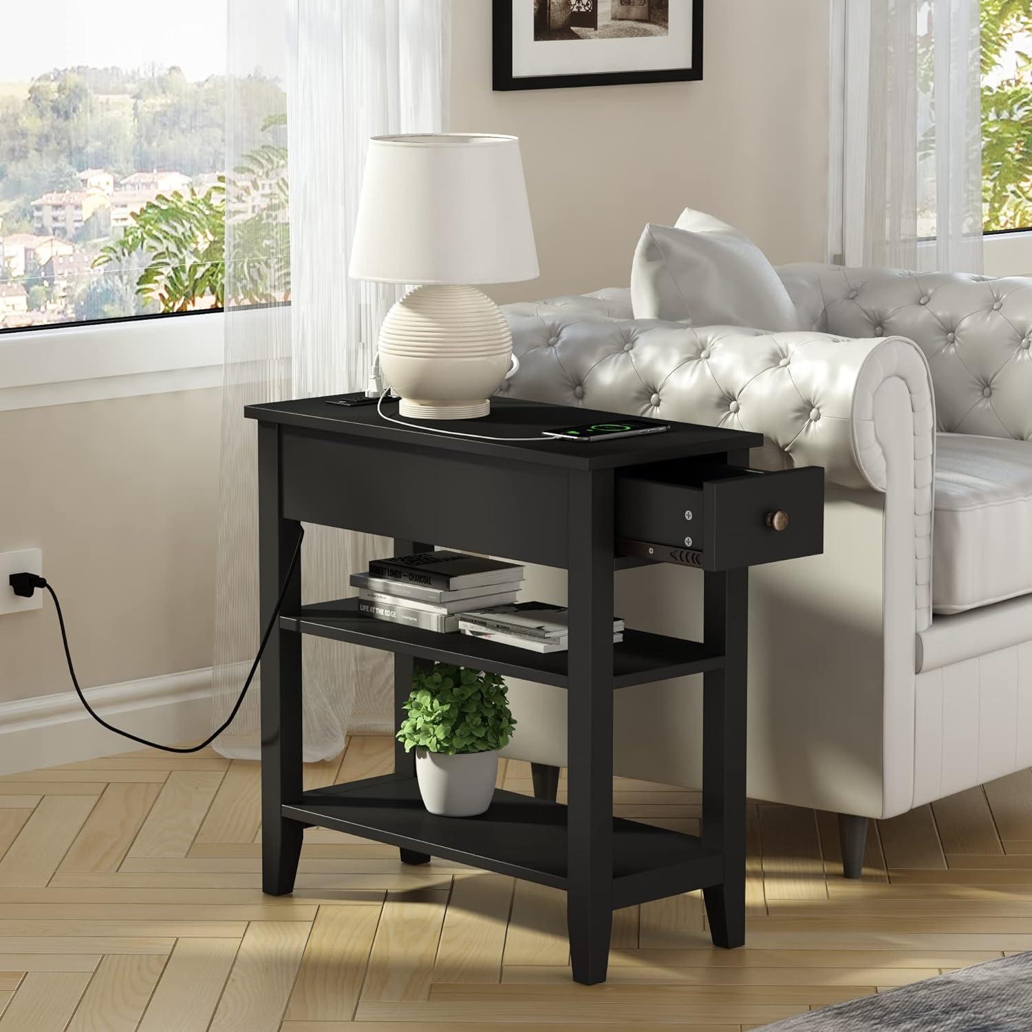 Black MDF Rectangular End Table Set with Storage