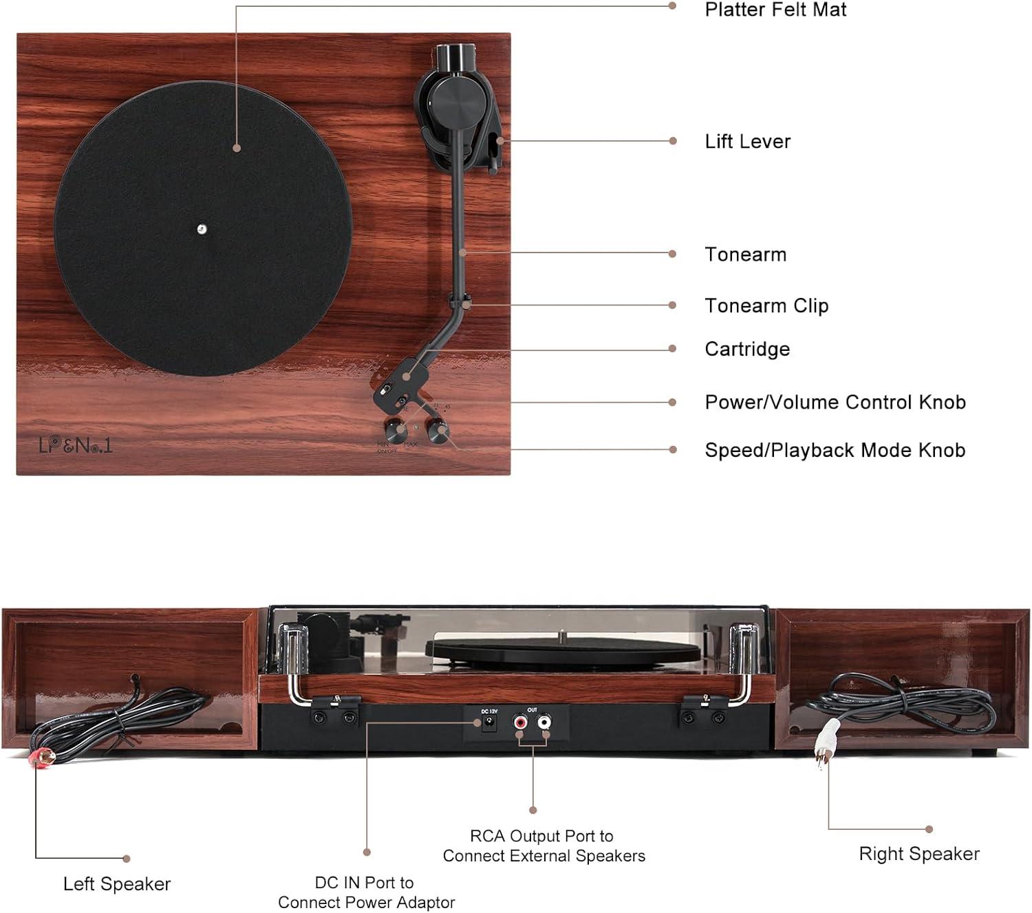 Vintage Brown Wood 3-Speed Belt-Drive Turntable with Speakers