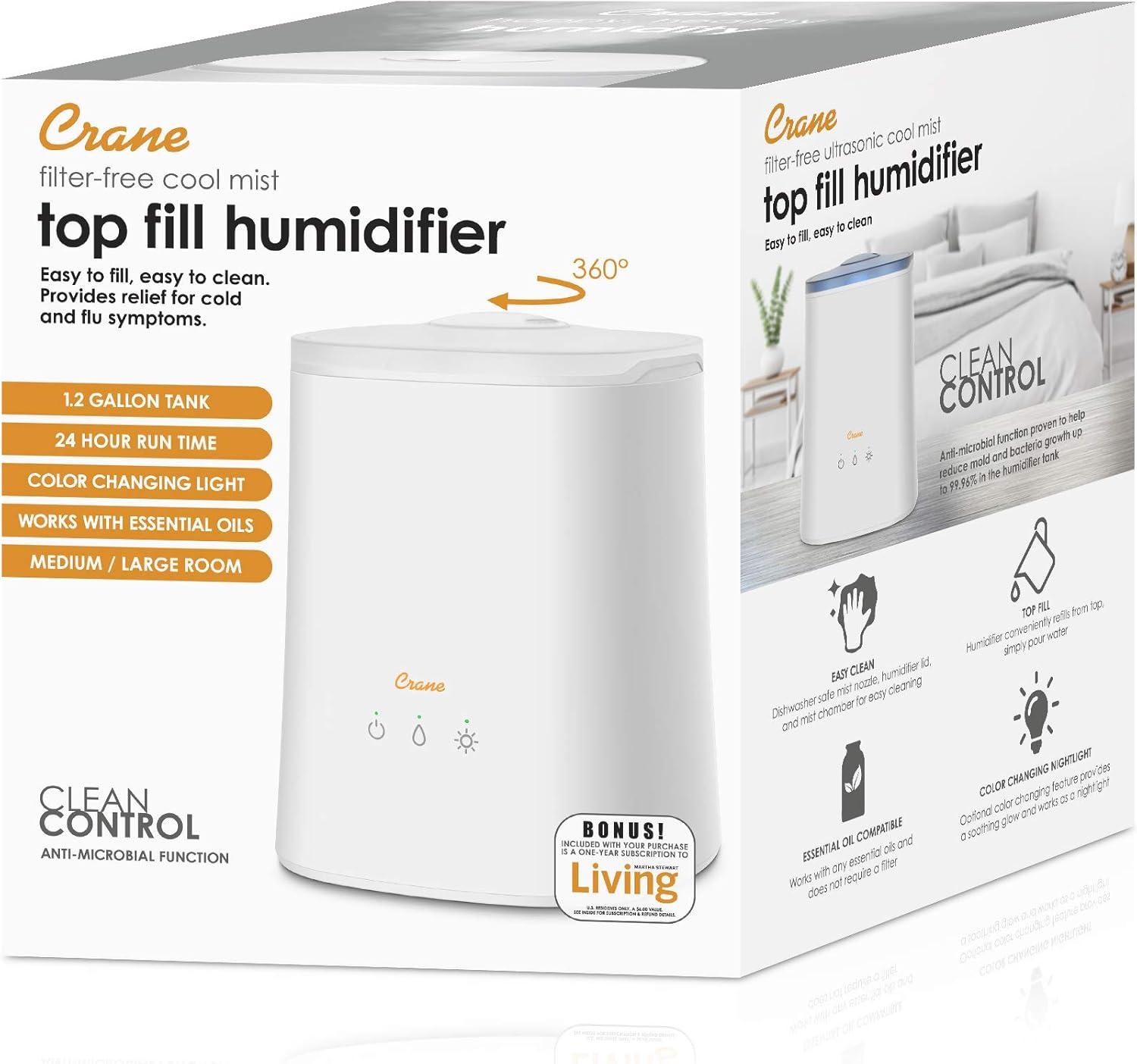 Crane USA 1.2 Gal. Cool Mist Ultrasonic Tabletop Humidifier 500 Sq. Ft., With Night Light, For Bedroom