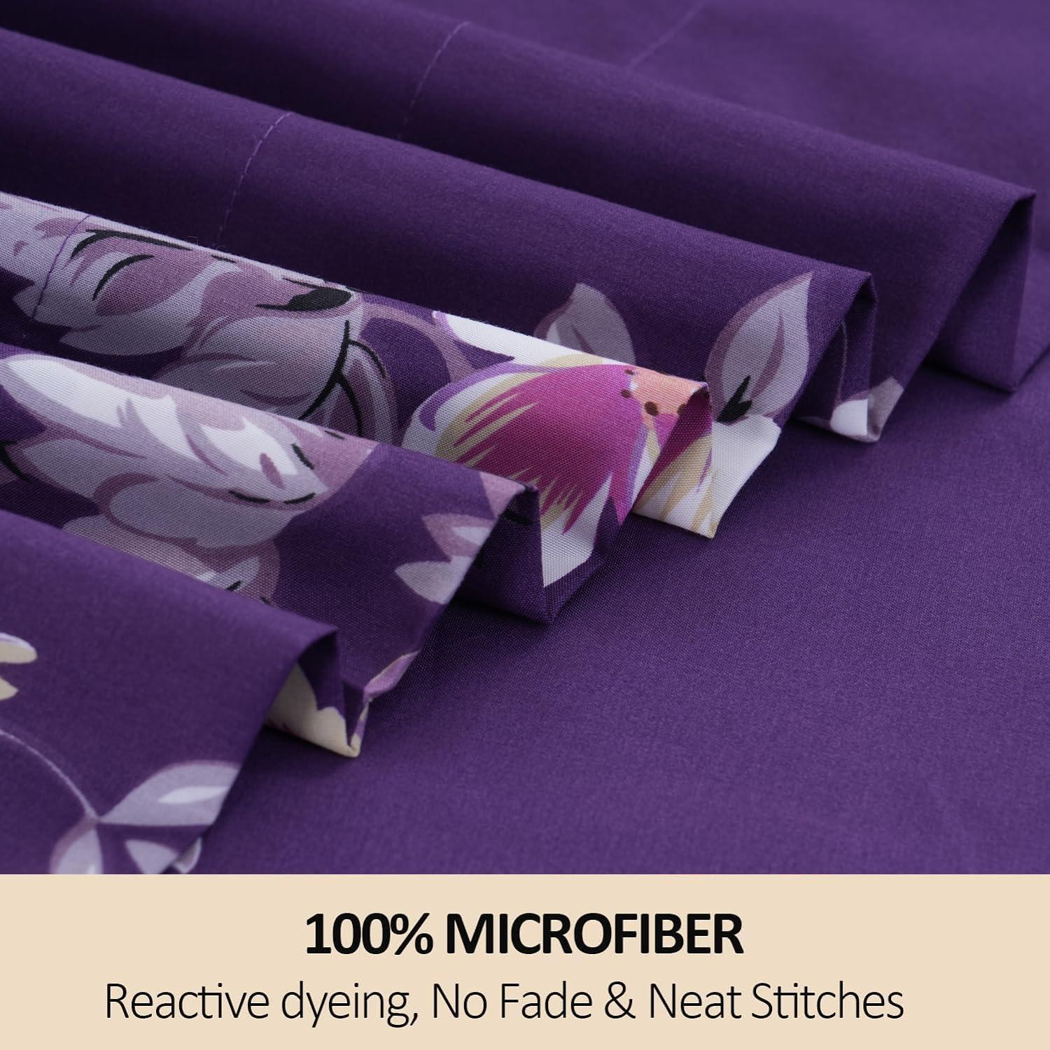 MEISHANG Twin Sheet Set - Floral Sheets Deep Pocket Ultra Soft Brushed Microfiber with Up to 16" Mattresses - Wrinkle Free - 3 Pieces(Twin,Purple Floral)