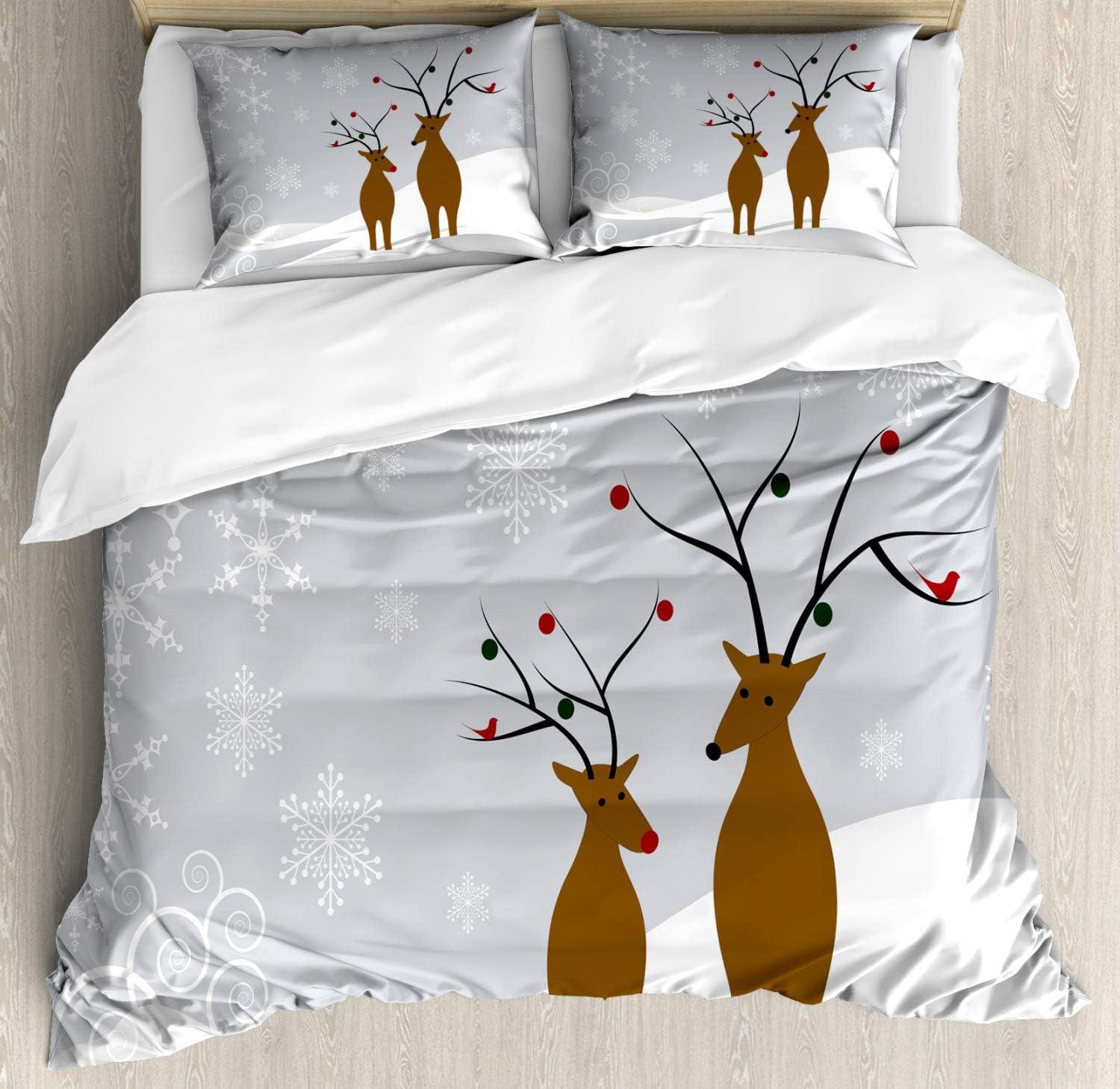 King Size Christmas Reindeer Snowflake Microfiber Duvet Cover Set