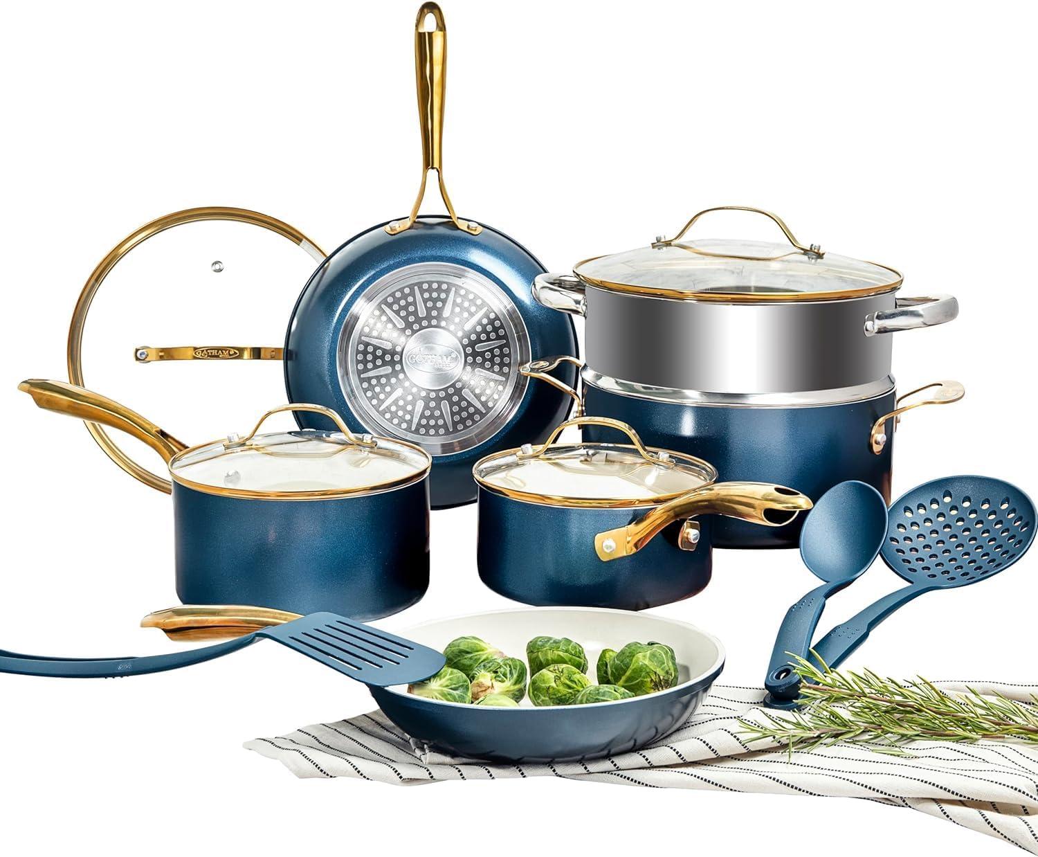 Navy and Gold 15-Piece Nonstick Stainless Steel Cookware Set