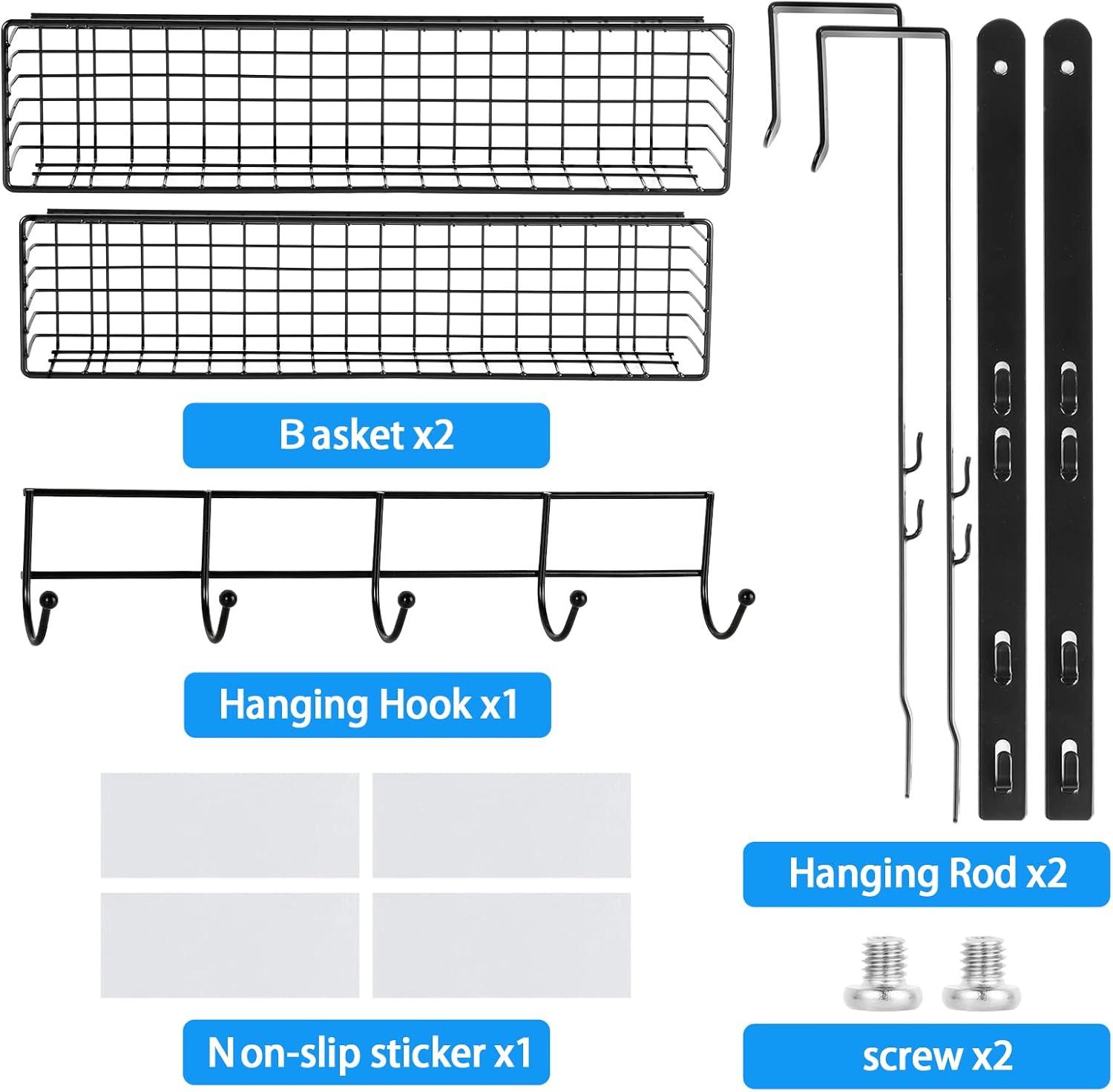 Over The Door Hooks, Door Hanger Towel Rack with 5 Coat Hooks & 2 Mesh Basket, Over Door Organizer for Bathroom, Bedroom, Kitchen, Office, Easy Installation, Black