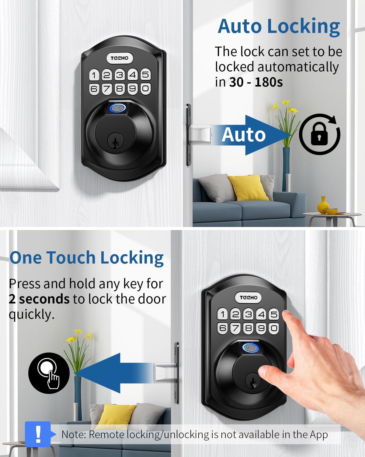 TEEHO Fingerpint smart lock, Keyless Entry Door Lock,  Digital Deadbolt Lock for Front Doors, Remotely Share PIN Code, Easy Installation-Matte  Black