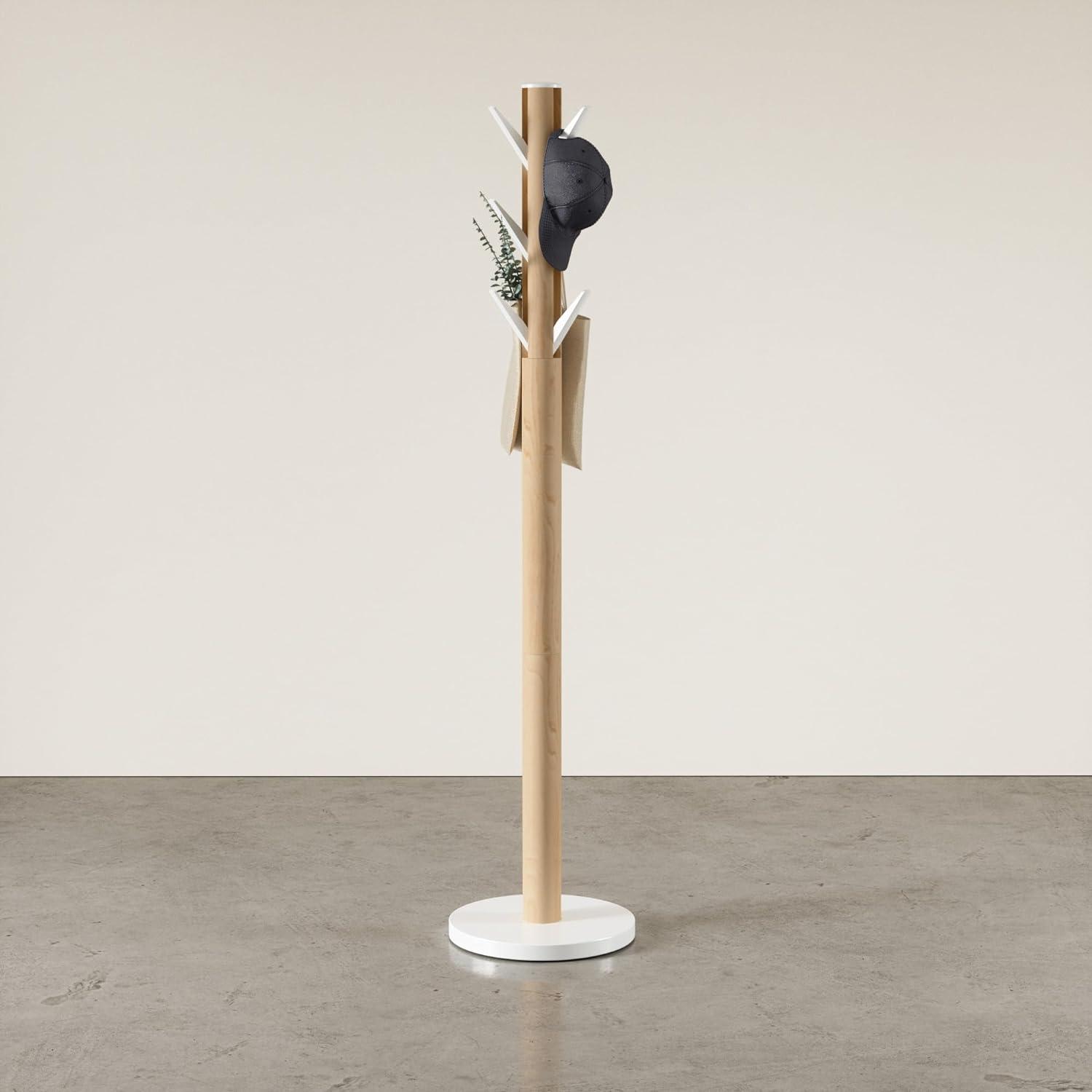 Sleek Modern White/Natural Rubberwood 9-Hook Coat Stand