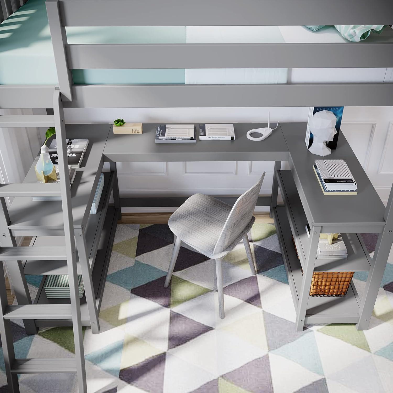 Max & Lily Loft Bed, Solid Wood Twin High Loft Bed with Bookcase and Desk for Kids, White