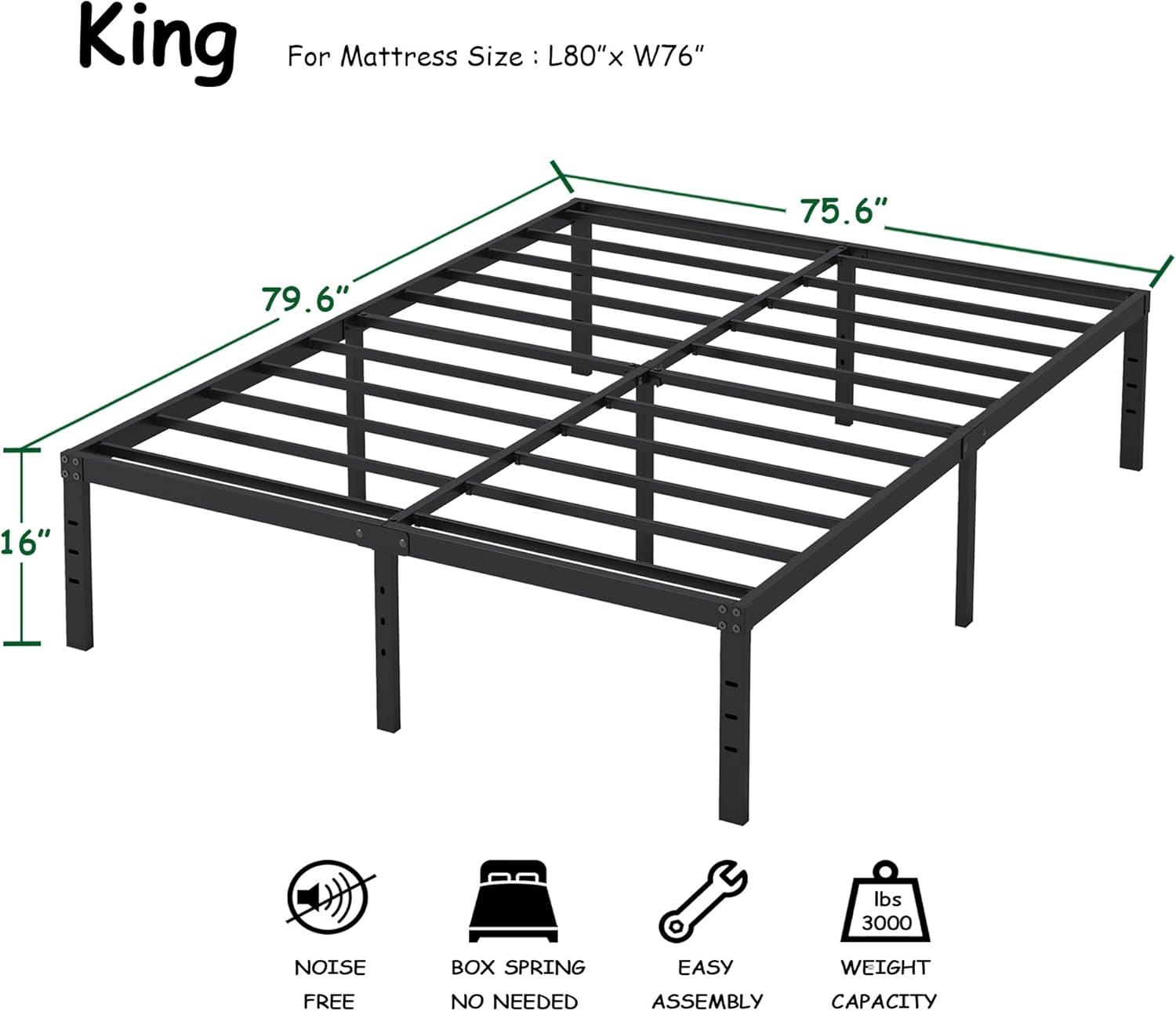 King Black Metal Frame 16 Inch Platform Bed with Storage