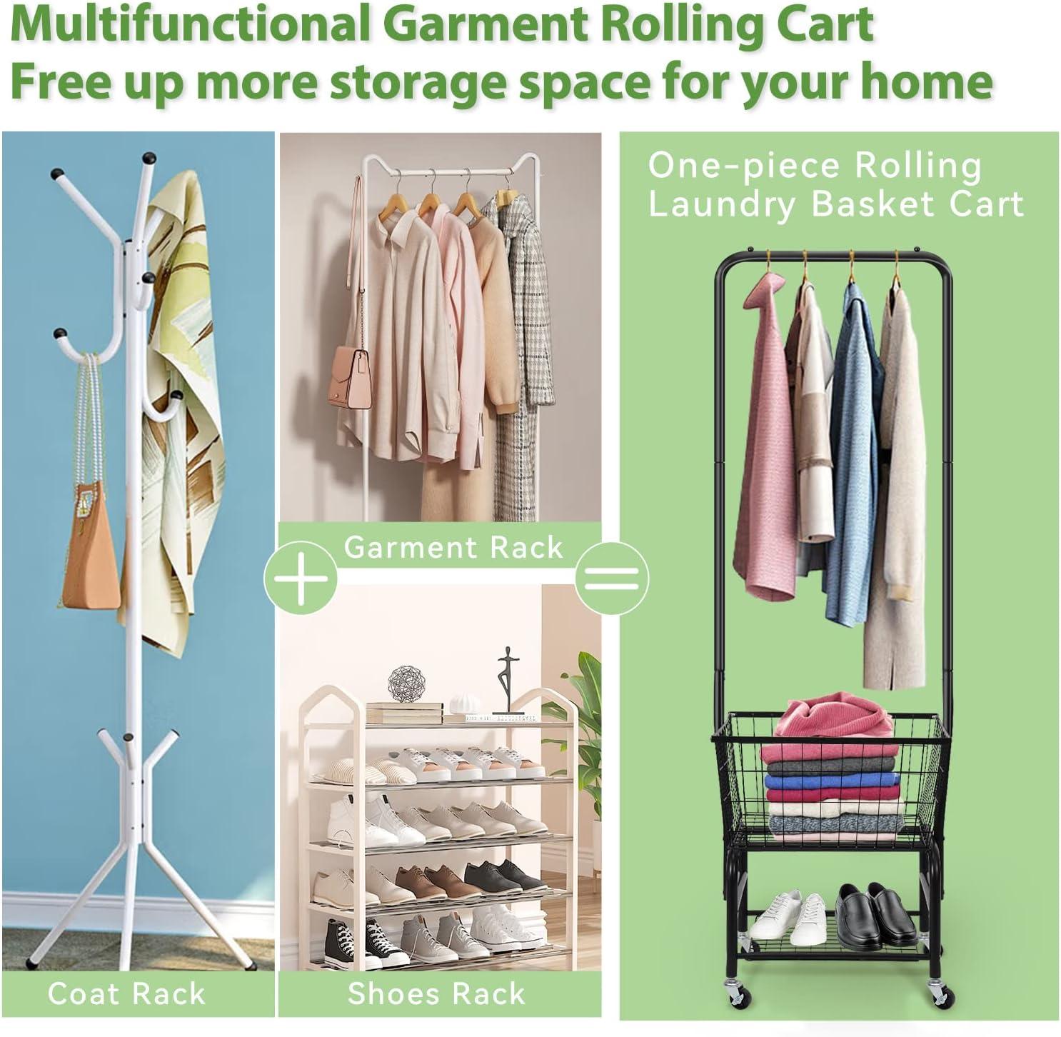 Laundry Cart with Wheels and Hanging Rack, Garment Rack with Storage Shelves and Coat/Hat Hanging Hooks, Rolling Laundry Basket for Laundry Bedroom Hallway, Black