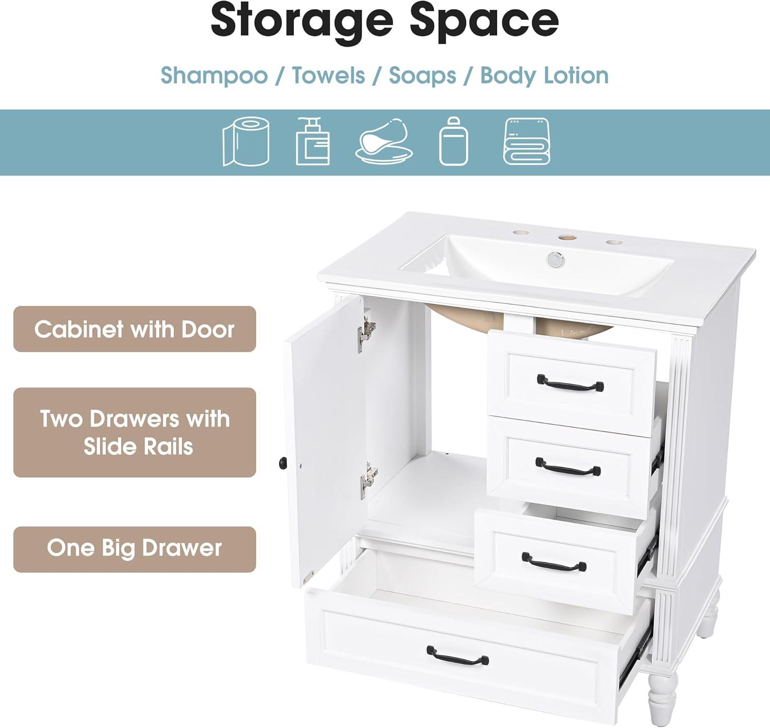 KEAIDO 30" Bathroom Vanity with Sink, Bathroom Storage Cabinet with 3 Drawers and a Door, Freestanding Bathroom Vanity with Solid Wood Legs & MDF Board