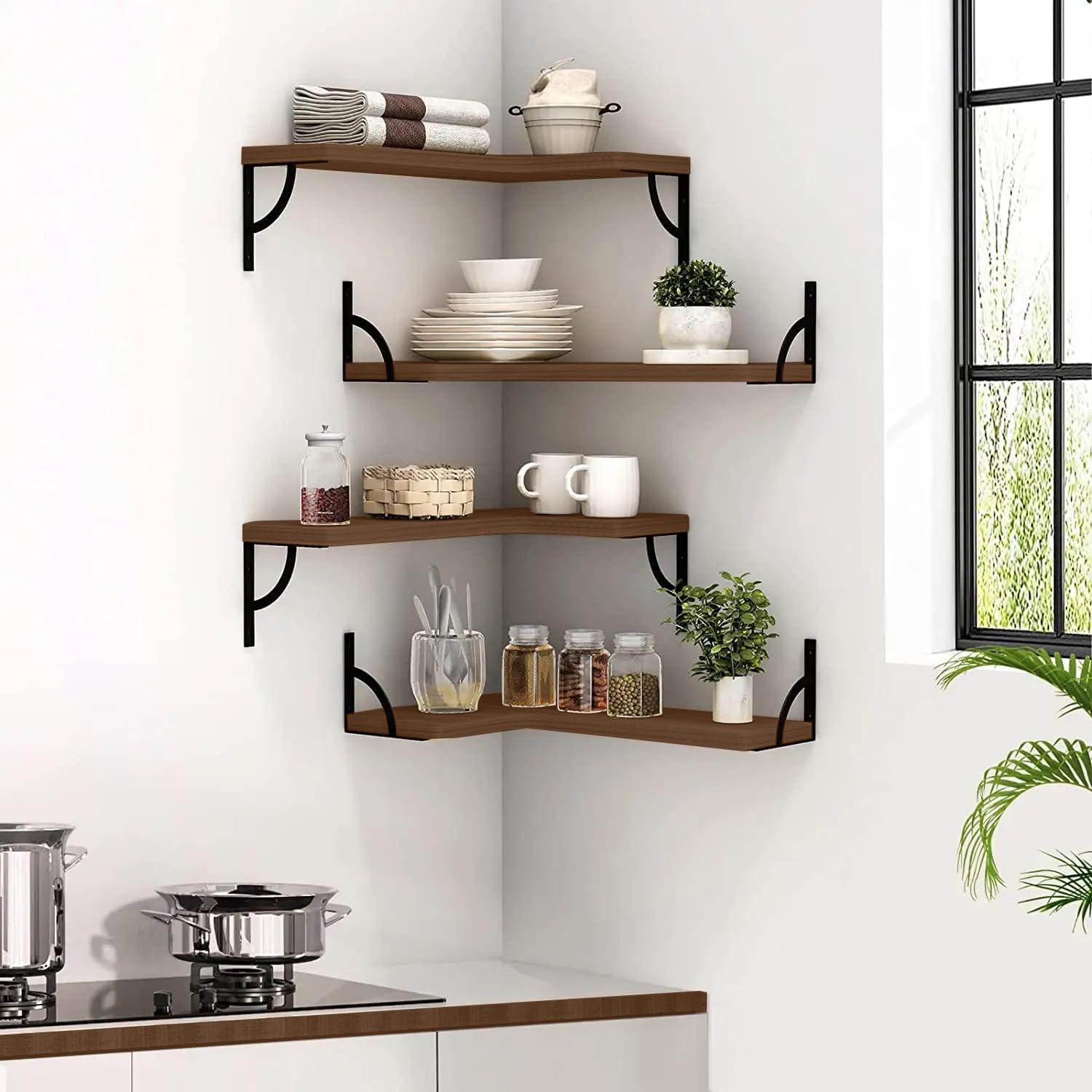 Small Modern Light Brown Floating Corner Wall Shelf Set