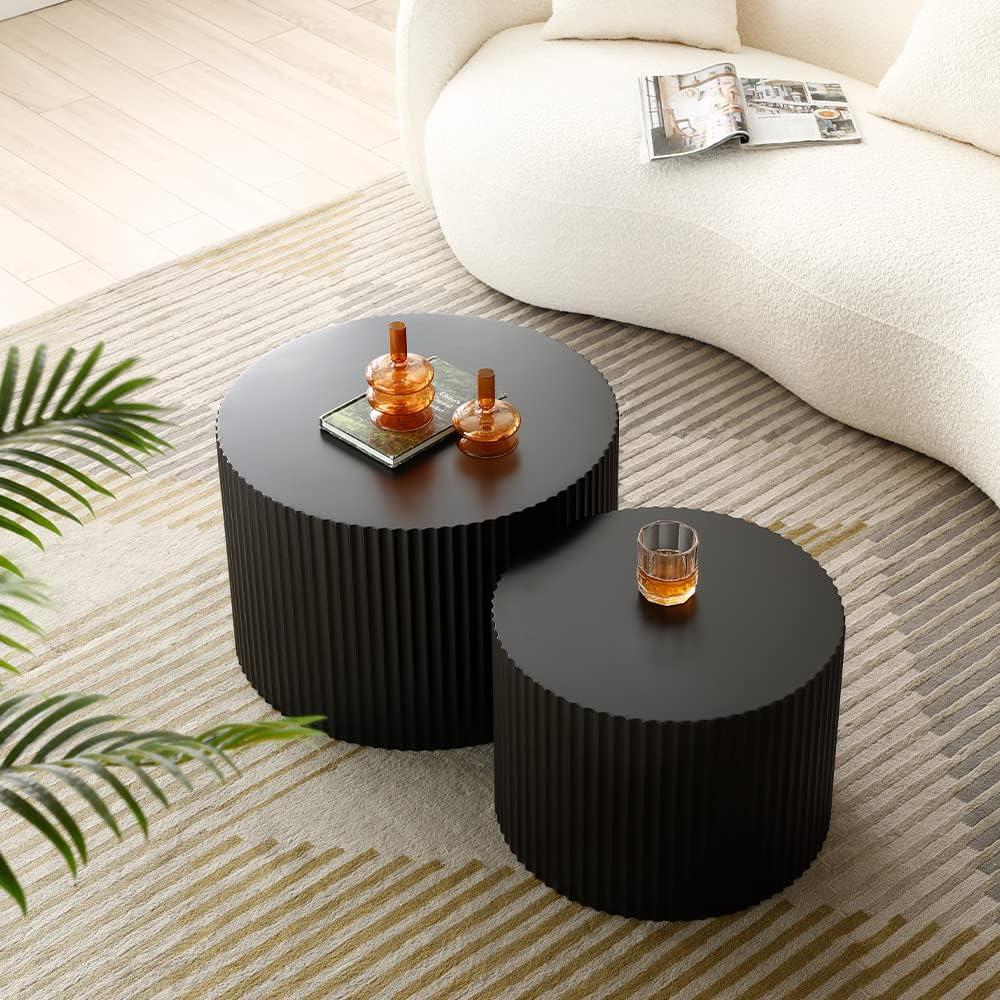 WILLIAMSPACE Nesting Coffee Table Set of 2, Matte Black Round Wooden Coffee Tables, Modern Luxury Side Tables Accent End Table for Living Room Apartment