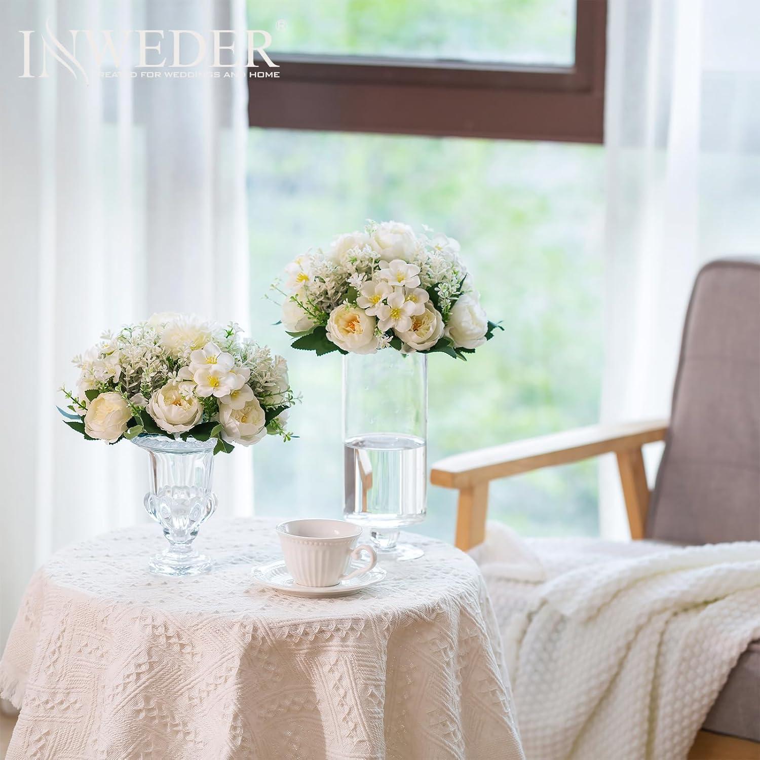 Nuptio Set of 10 White Rose Artificial Flower Kissing ball, 15 Heads Fake Peony Silk Flowers Bouquet for Centerpiece Wedding Birthday Party Home Table Decor