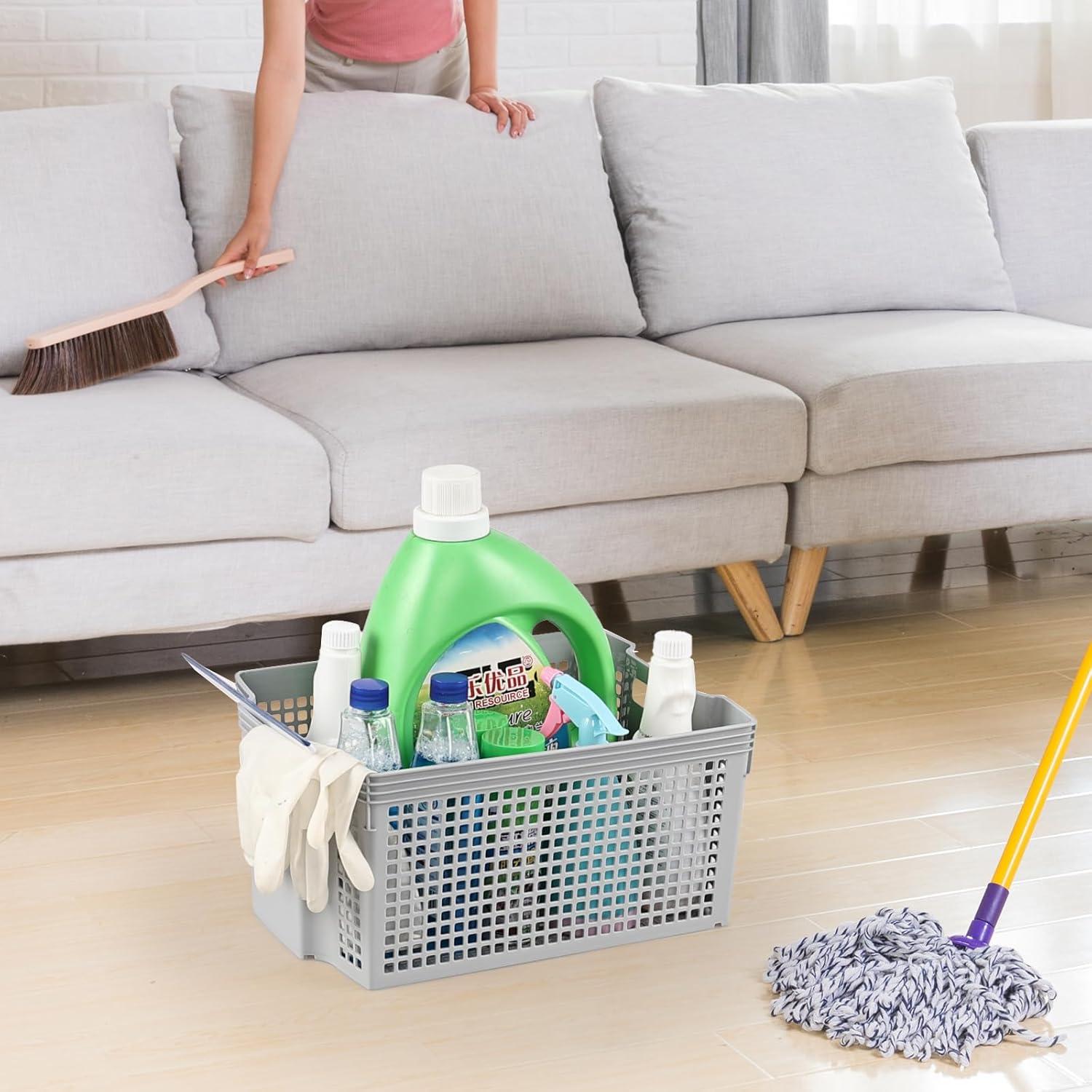 Gray Rectangular Stacking Plastic Storage Baskets, 13 Quart Capacity, Set of 6