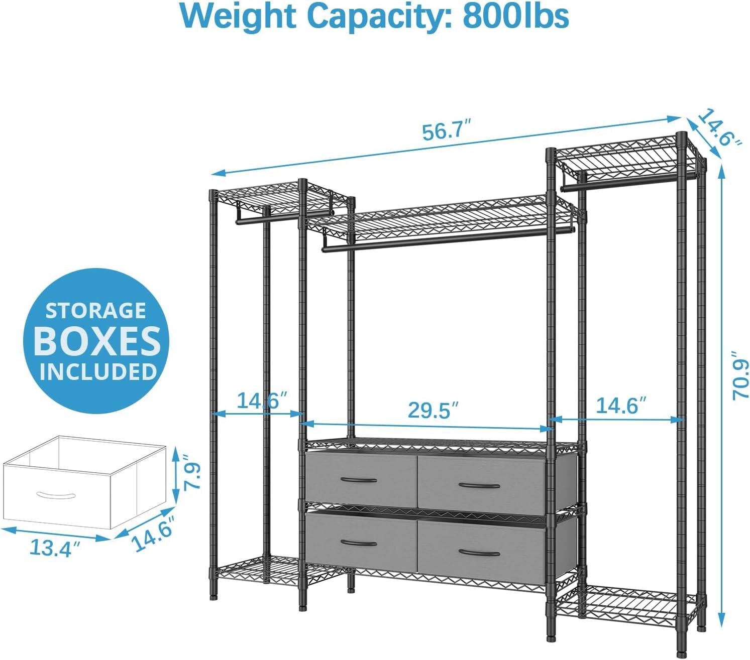 Metal Clothes Rack With 6 Shelves, 3 Hanging Rails And 4 Fabric Drawers, 56.7"L X 14.6"W X 70.9"H,