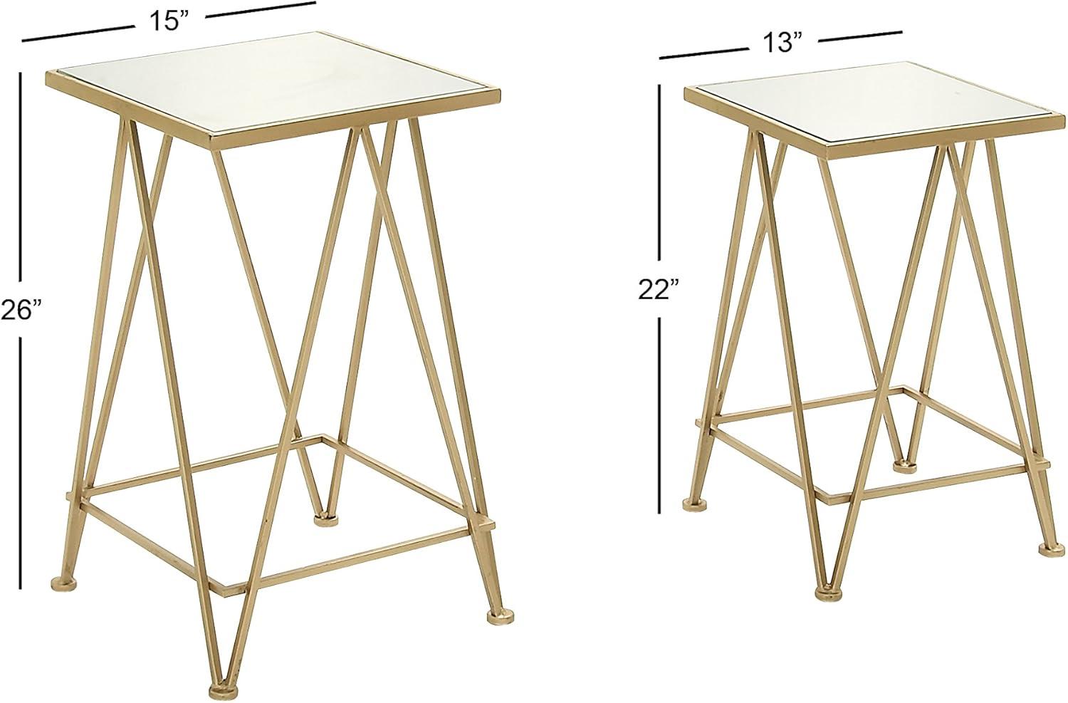 DecMode 15" x 26" Gold Metal Accent Table with Mirrored Glass Top, 2-Pieces