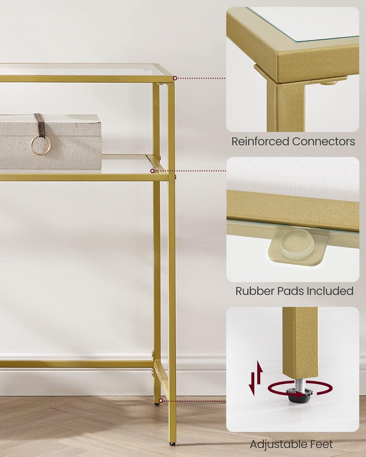 VASAGLE 47.2" Console Sofa Table Modern Entryway Table Tempered Glass Table 2 Shelves for Living Room Hallway Gold Color