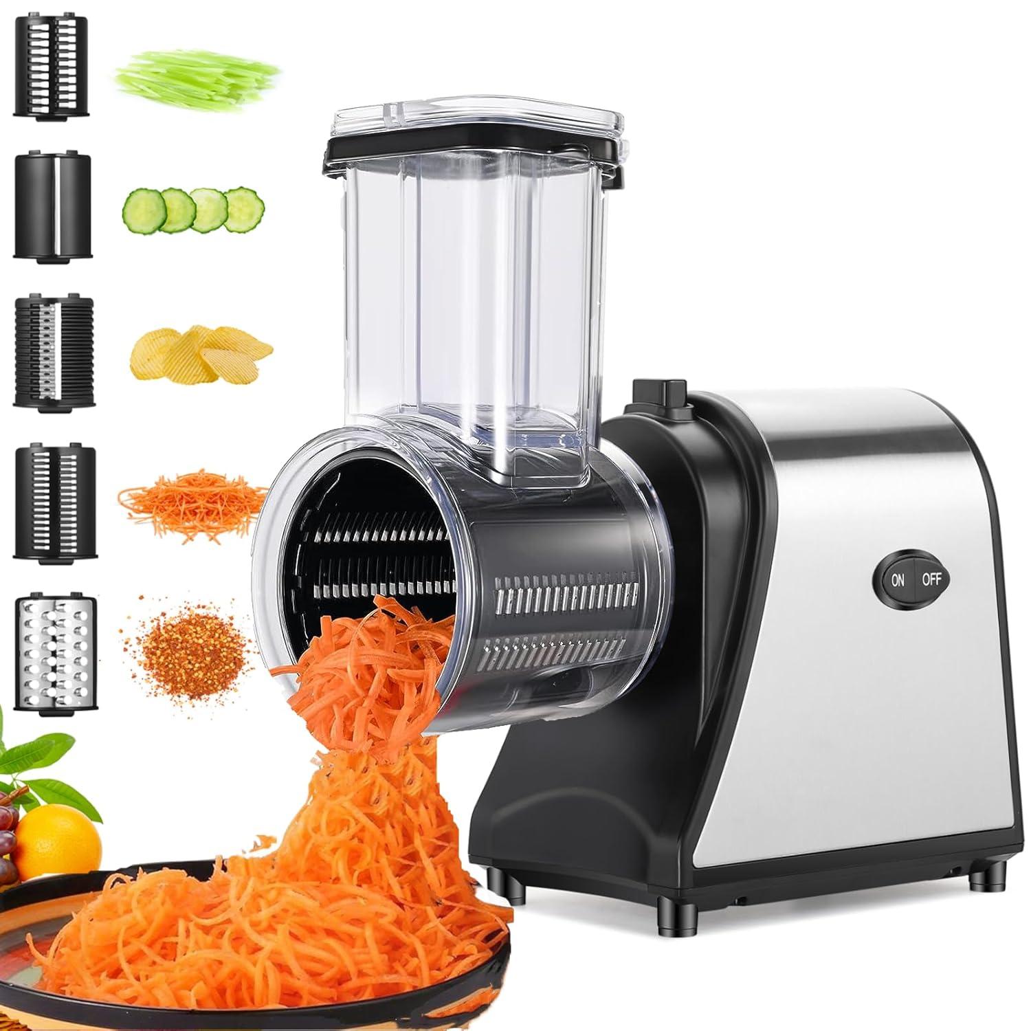 Jahy2Tech 5-in-1 Electric Cheese Grater 250W Salad Maker Slicer/Shredder One-Touch Control Powerful Electric Grater for Fruits and Vegetables, Cheese