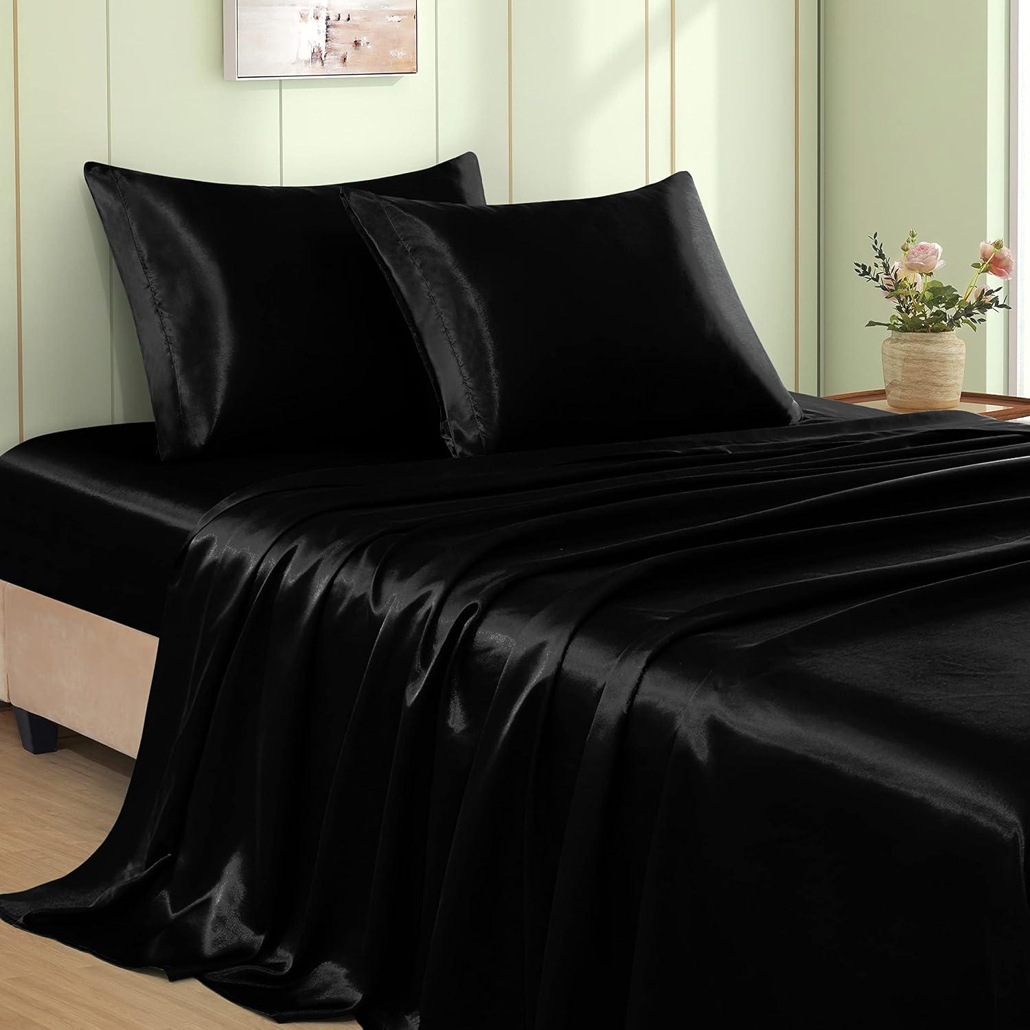 Black Satin Full Size 4-Piece Deep Pocket Sheet Set