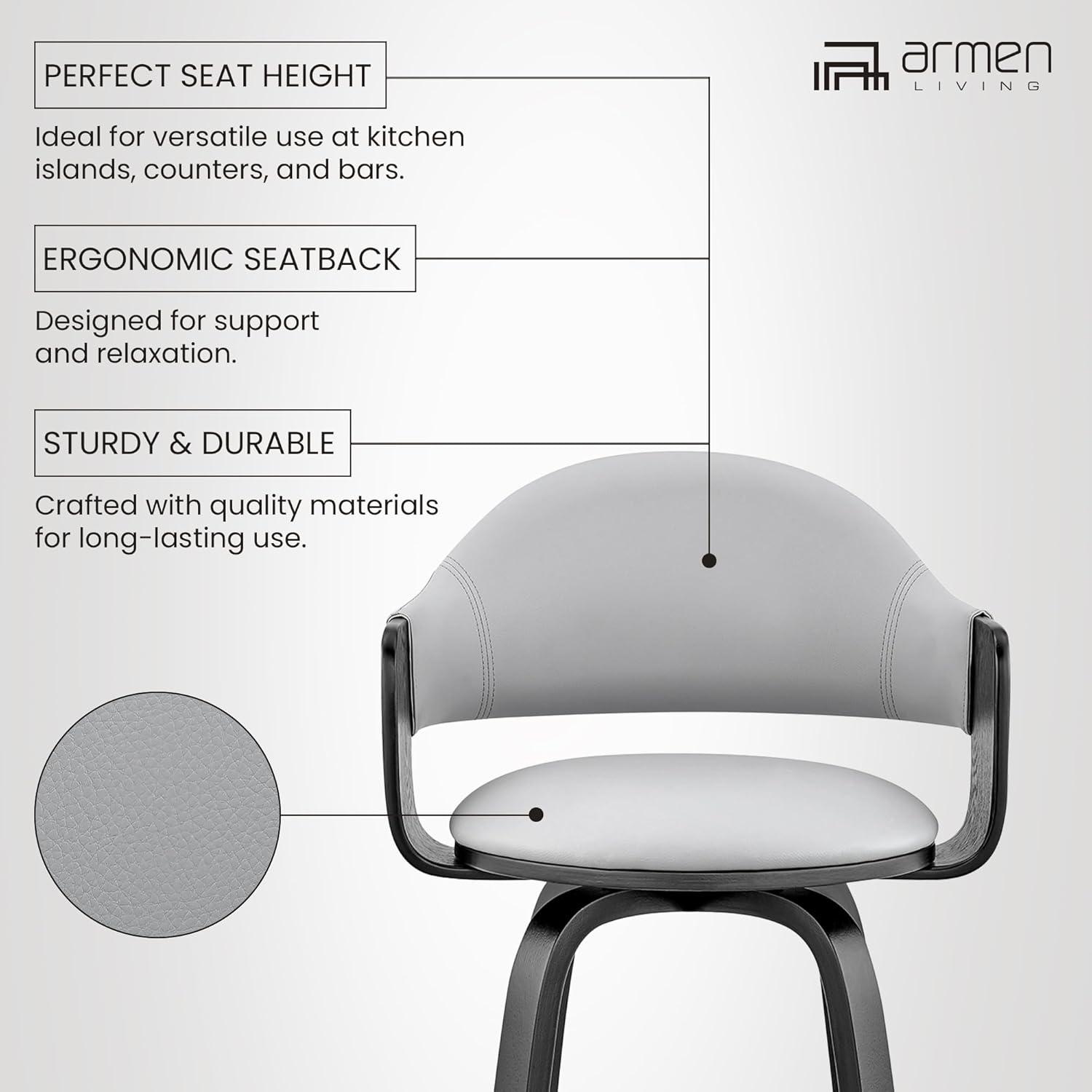 30" Daxton Counter Height Barstool with Gray Faux Leather Seat Black Finish Frame - Armen Living: Swivel, Footrest, Wood Frame