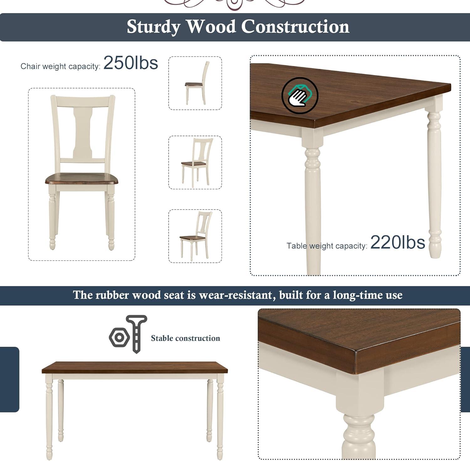 Classic 6-Piece Dining Set with Wooden Table and 4 Chairs,Rubber Wood Structure W/One 2-Person Bench,for Living Room Dining Room,Brown+Cottage White