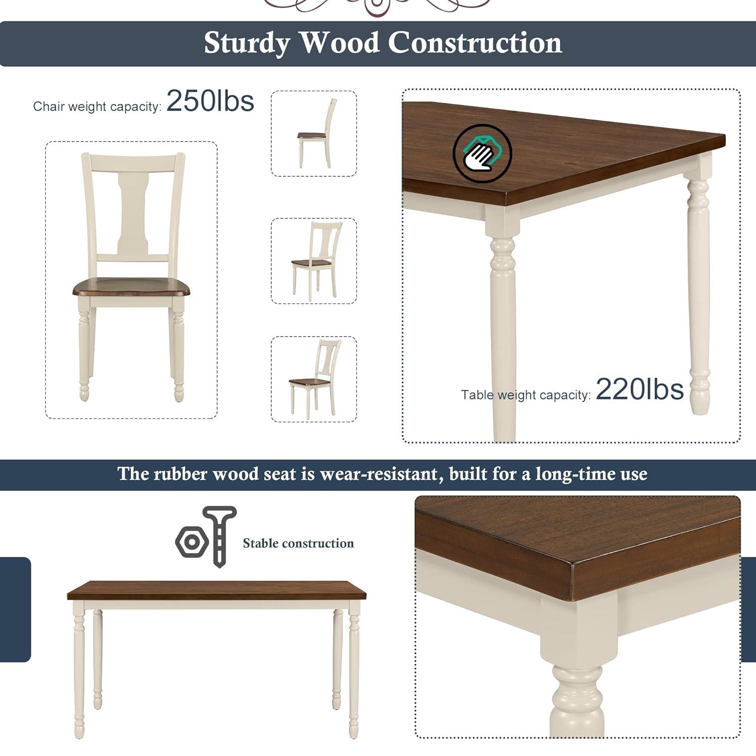 Classic 6-Piece Dining Set with Wooden Table and 4 Chairs,Rubber Wood Structure W/One 2-Person Bench,for Living Room Dining Room,Brown+Cottage White