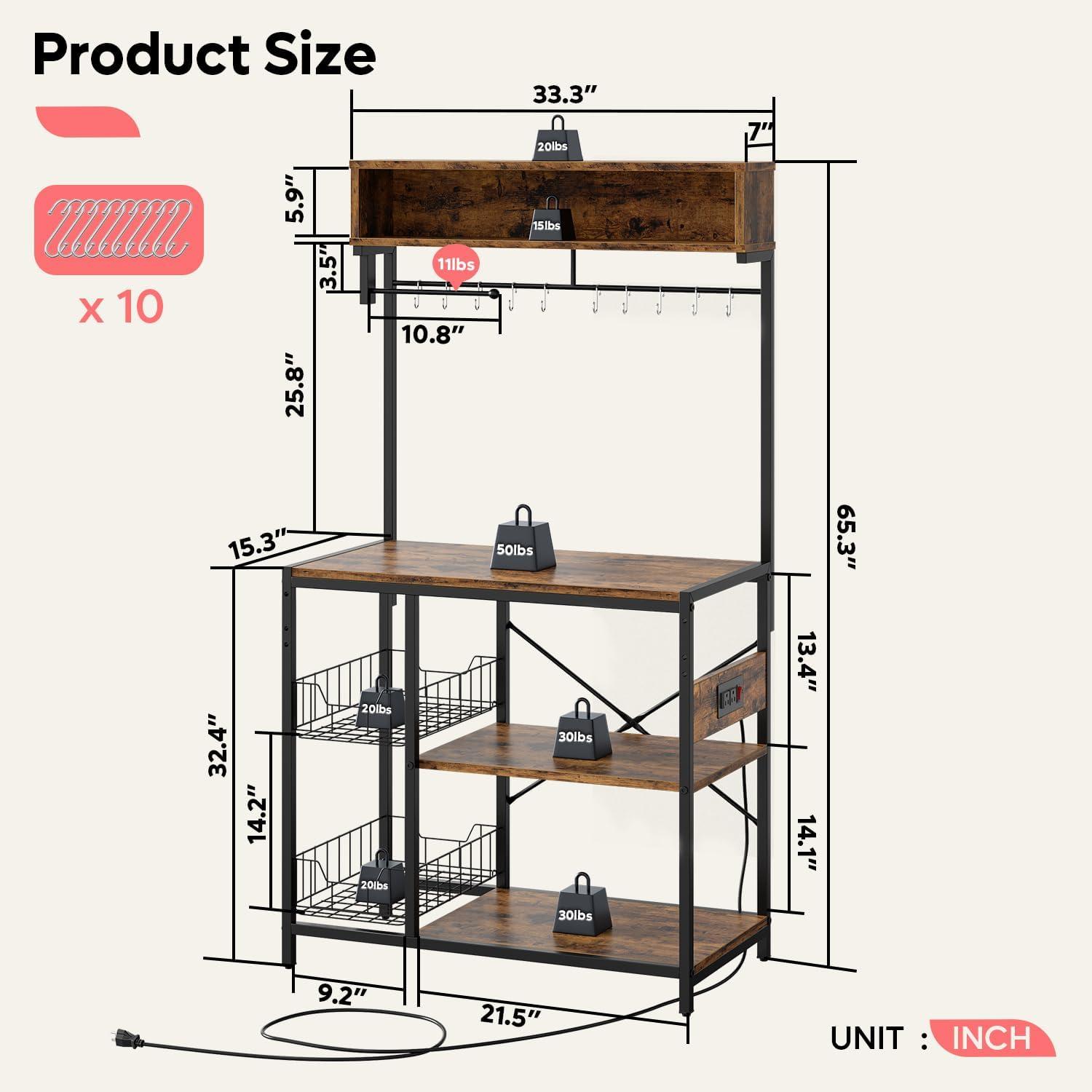 Adjustable Rustic Brown 5-Tier Kitchen Storage Shelf with Power Outlet