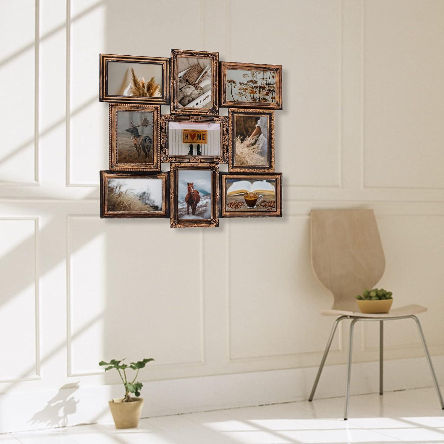 J.M.Deco Picture Frame Sets for Wall, 9 Opening Collage Frame, 6 x 4 With Family Friend's Memory, Rustic Distressed Photo Frame Wall Hanging for 4x6, Gold