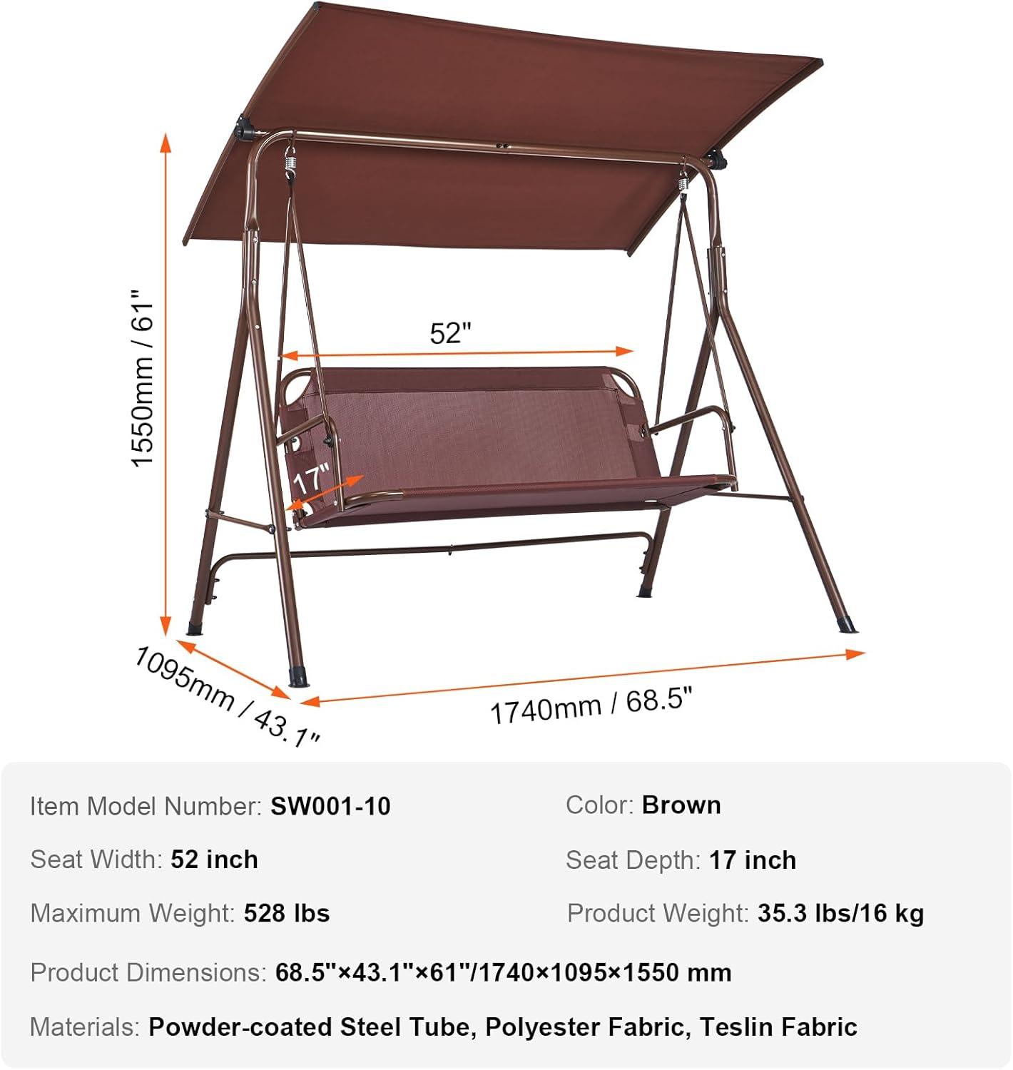 Brown 3-Person Alloy Steel Patio Swing with Adjustable Canopy