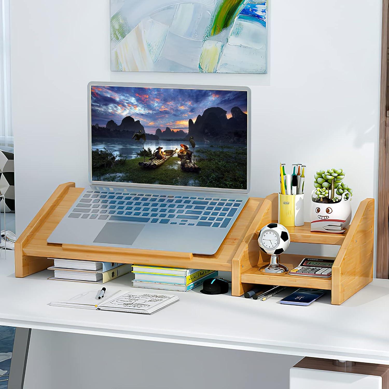 Adjustable Bamboo Laptop and Monitor Stand with Storage Shelves