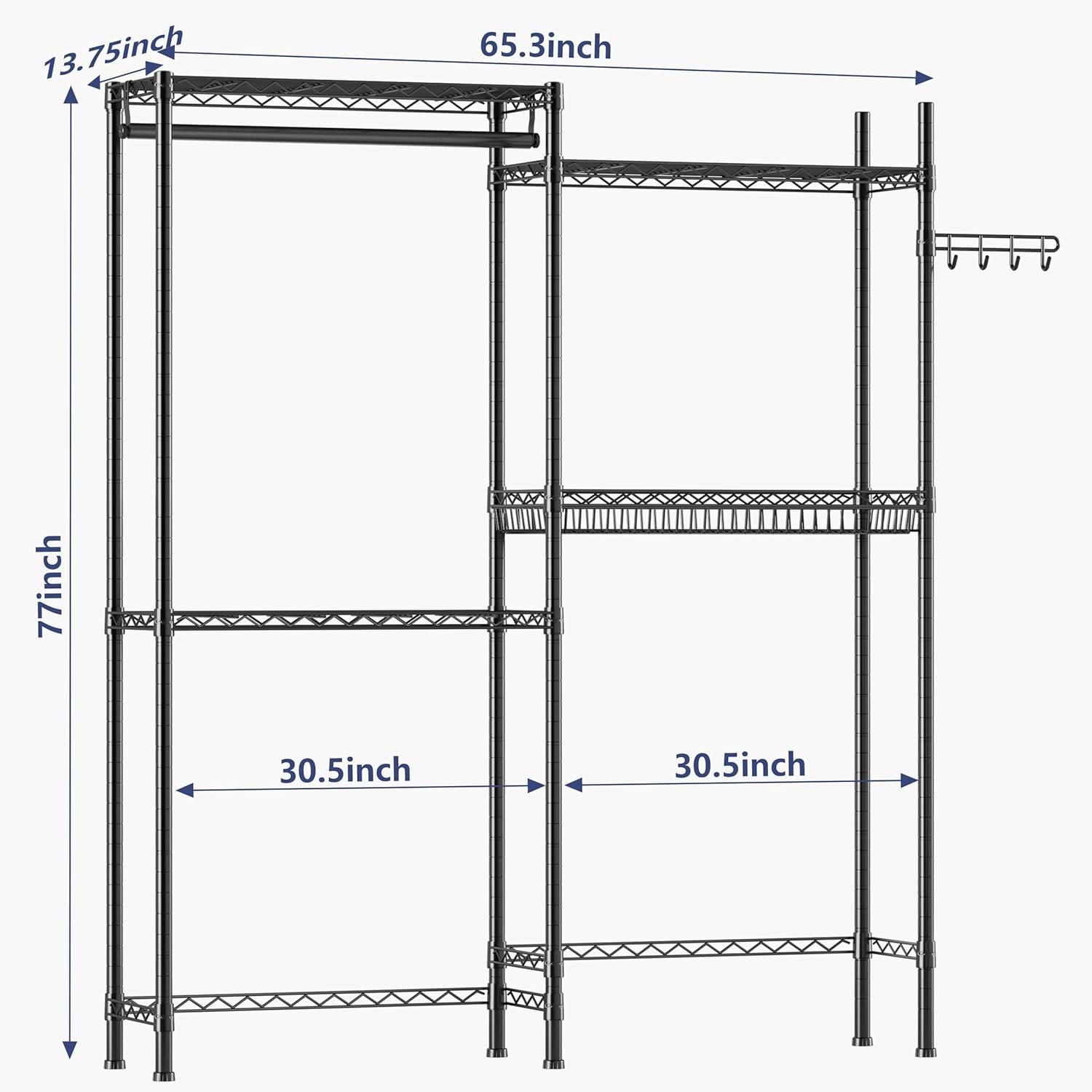 Black Adjustable 4-Tier Laundry Room Storage Rack with Hanger Rod