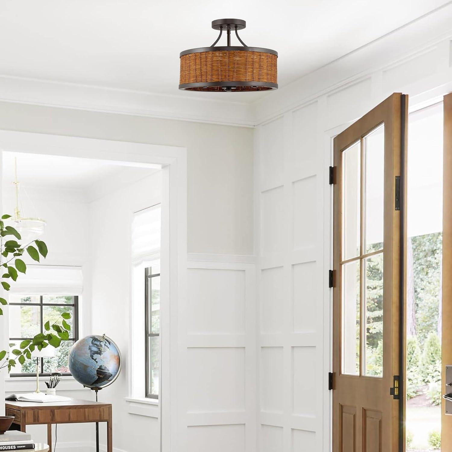 Kira Home Zora 15" 3-Light Modern Semi Flush Mount Ceiling Light + Rattan Wicker Drum Shade, Oil Rubbed Bronze Finish