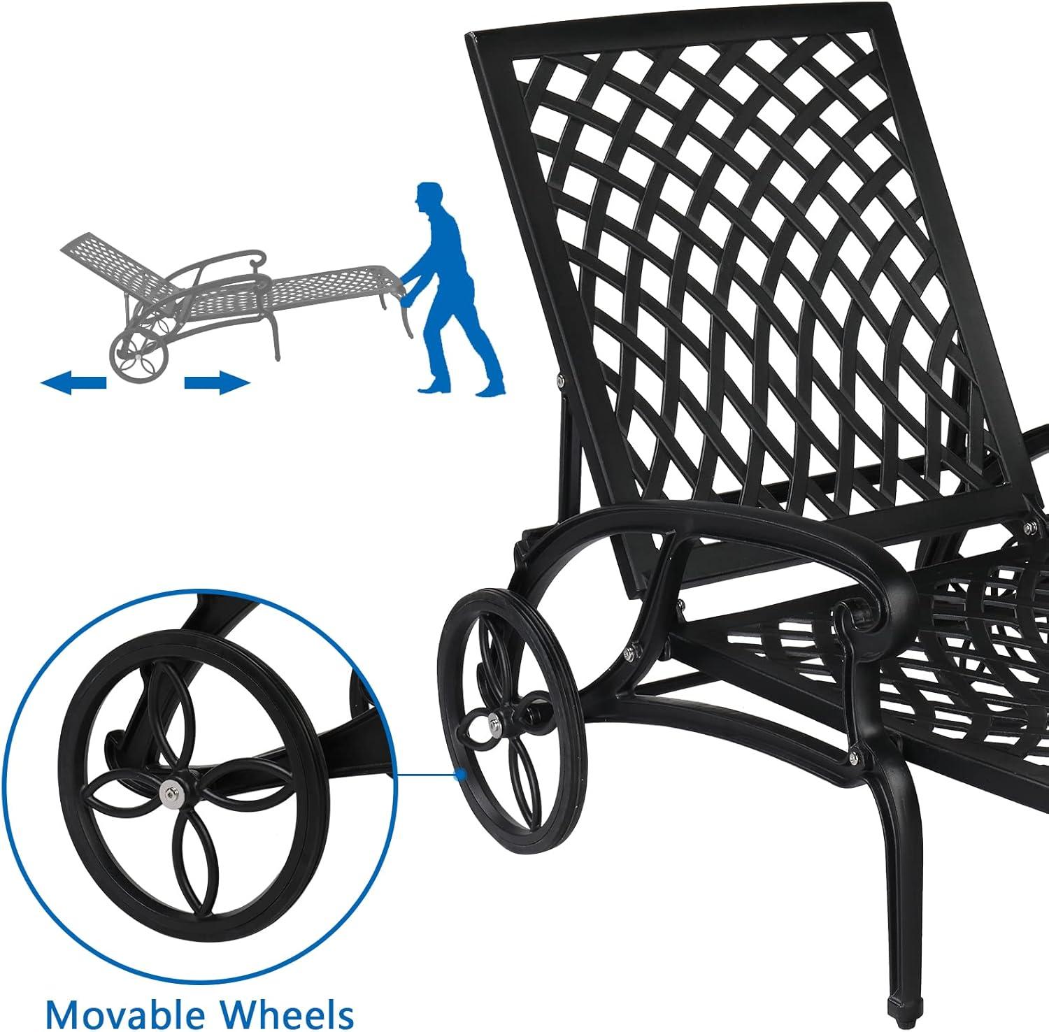 VINGLI Cast Aluminum Outdoor Chaise Lounge Chair with Wheels, Patio Chaise Lounge with 3-Position Adjustable Backrest, Outdoor Tanning Chair Patio Lounge Chair (Black, Without Cushion)