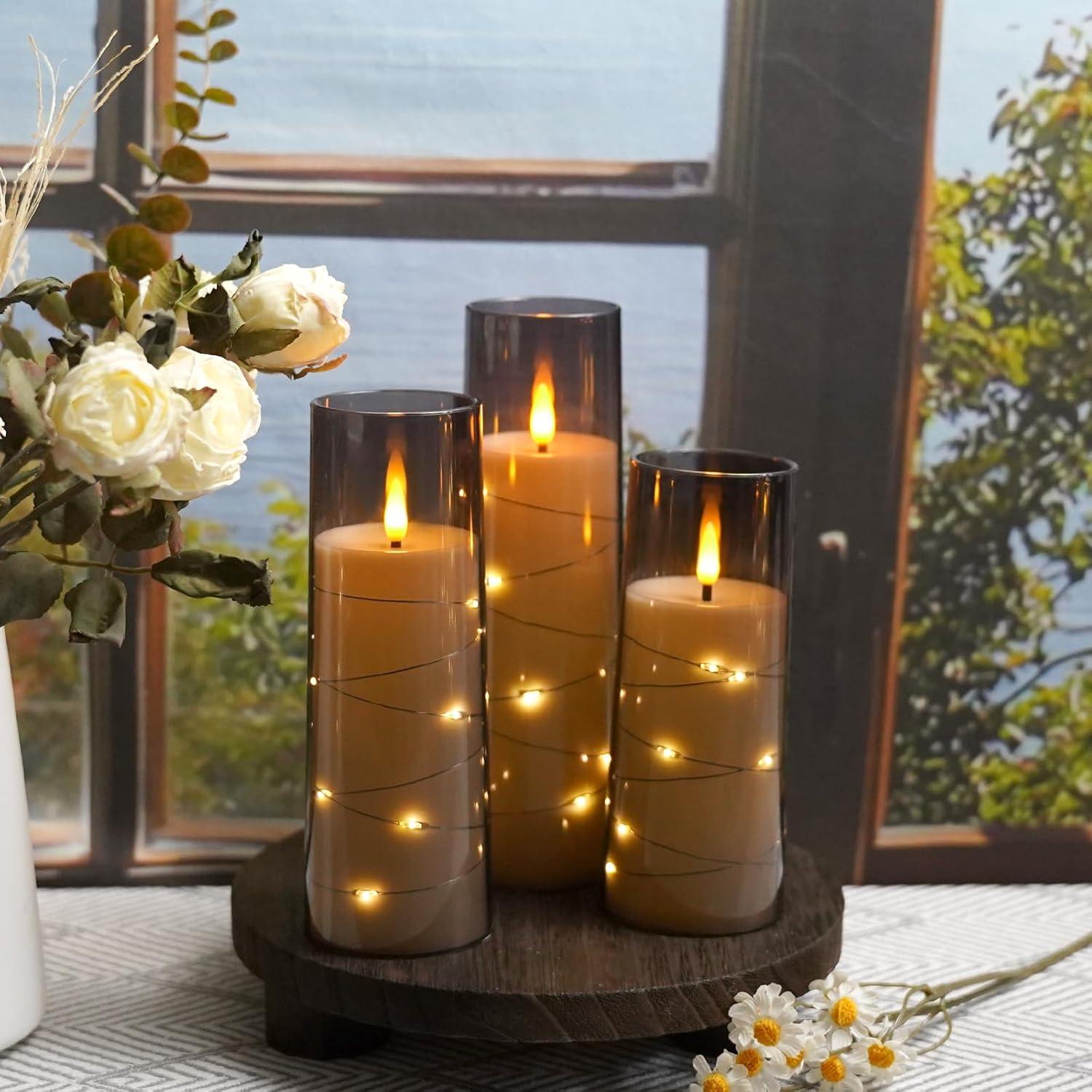 Raycare Flameless LED Candles with Embedded Star String, 9 Pcs Battery Operated Acrylic Pillar Candles with Timer and Remote, Flickering for Romantic Ambiance and Home Decoration (Grey)