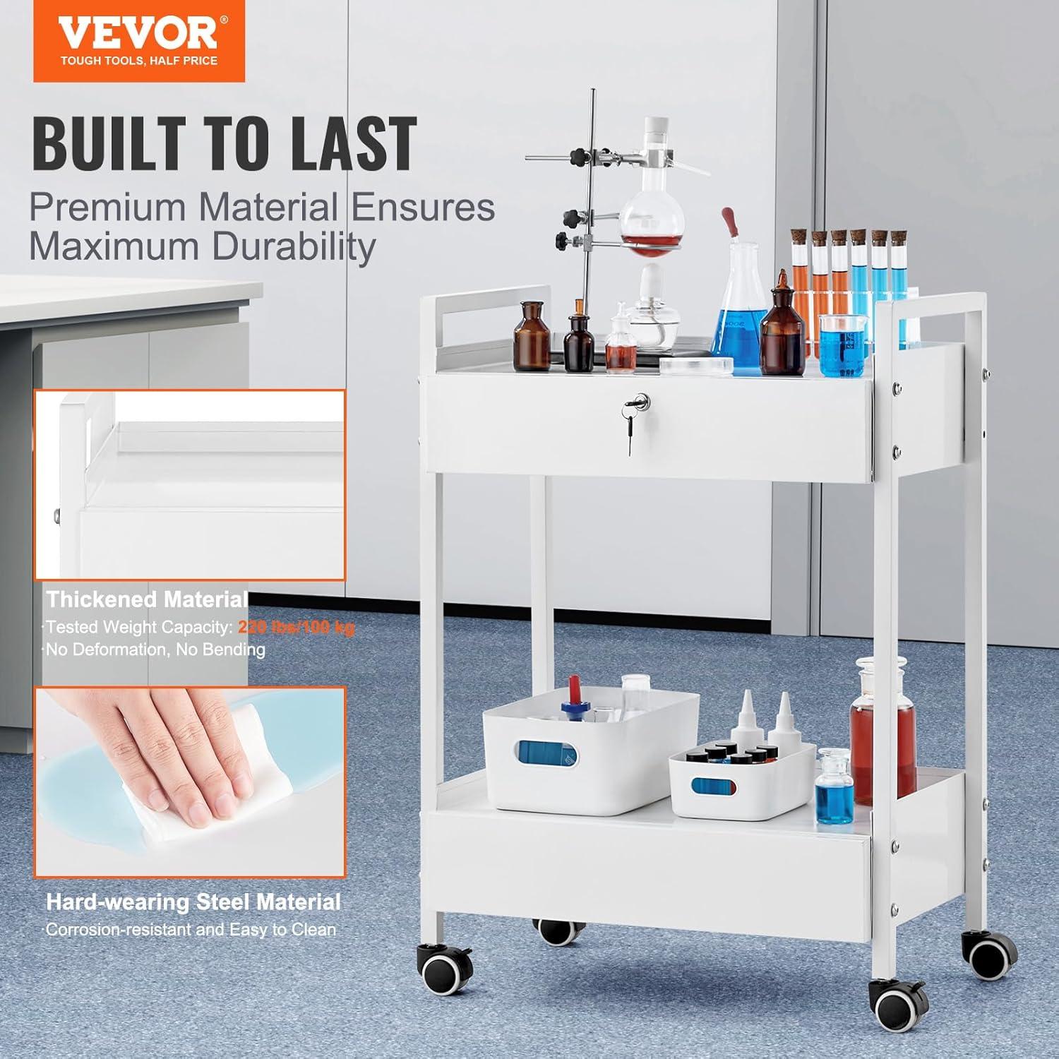 VEVOR Lab Rolling Cart, 2-Shelf Stainless Steel Rolling Cart, Lab Serving Cart with Swivel Casters, Dental Utility Cart for Clinic, Lab, Hospital, Salon, 15.16"x21.57"x34.06"