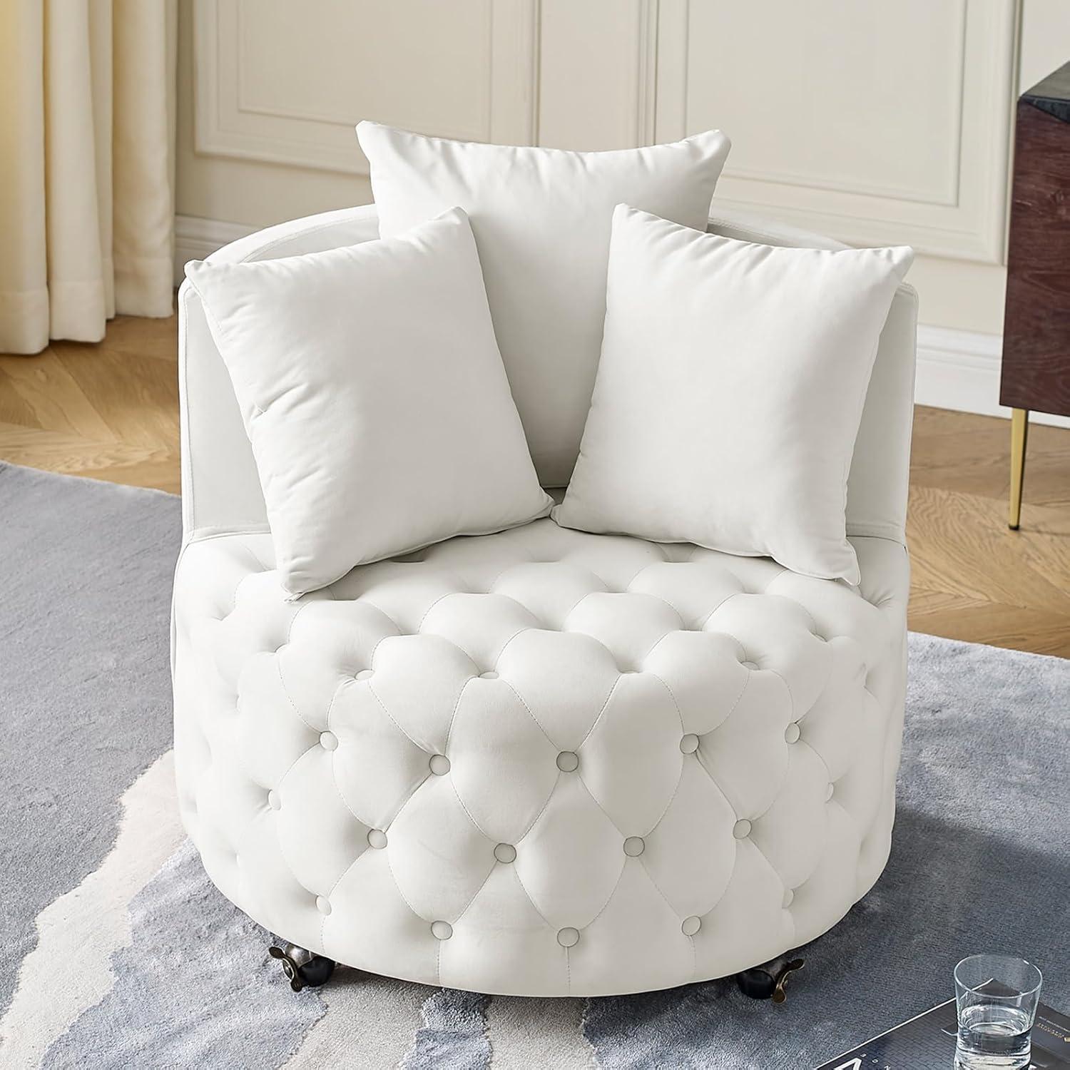 Beige Velvet Swivel Barrel Accent Chair with Pillows