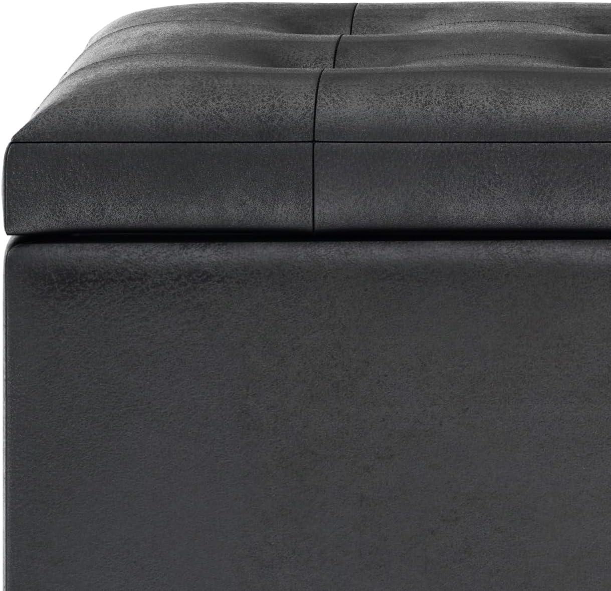 Simpli Home Cosmopolitan 34" Transitional Rectangle Ottoman in Black Faux Leather