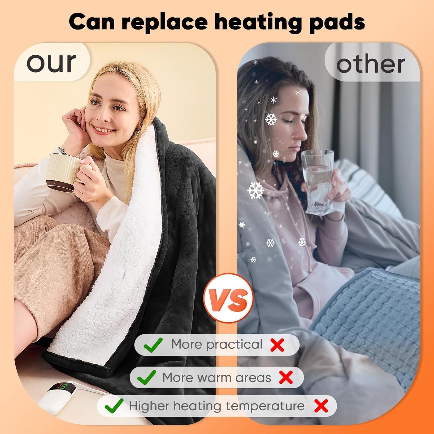 greenoak Heated Blanket Electric Throw 50"X60", Heating Blanket with 10 Heat Levels 1/2/4/6/8 Hours Auto-Off Overheat Protection, Flannel Sherpa Soft Warm Heater, ETL Certified Lacquered Black