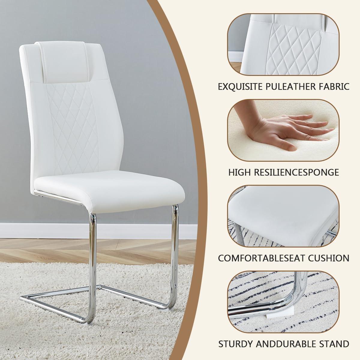 Faux Leather Dining Chairs Set of 4, PU Leather Accent Chairs with Backrest, Metal Legs, 4pcs Armless Parsons Chair for Bed Room,Kitchen, Living Room, White+Silver