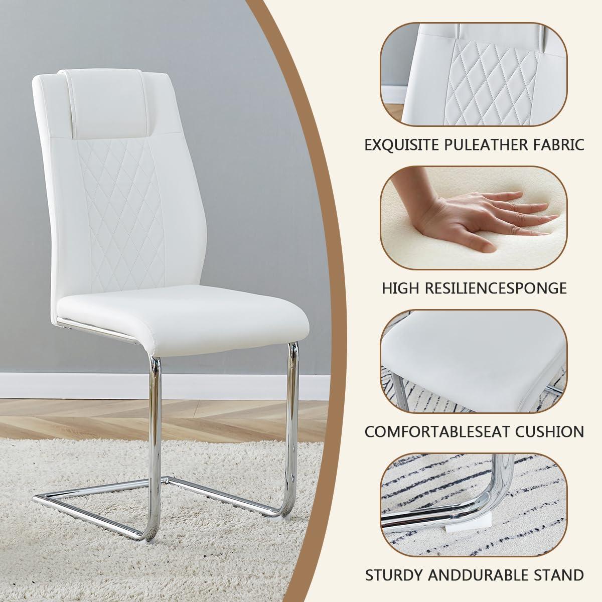 Faux Leather Dining Chairs Set of 4, PU Leather Accent Chairs with Backrest, Metal Legs, 4pcs Armless Parsons Chair for Bed Room,Kitchen, Living Room, White+Silver