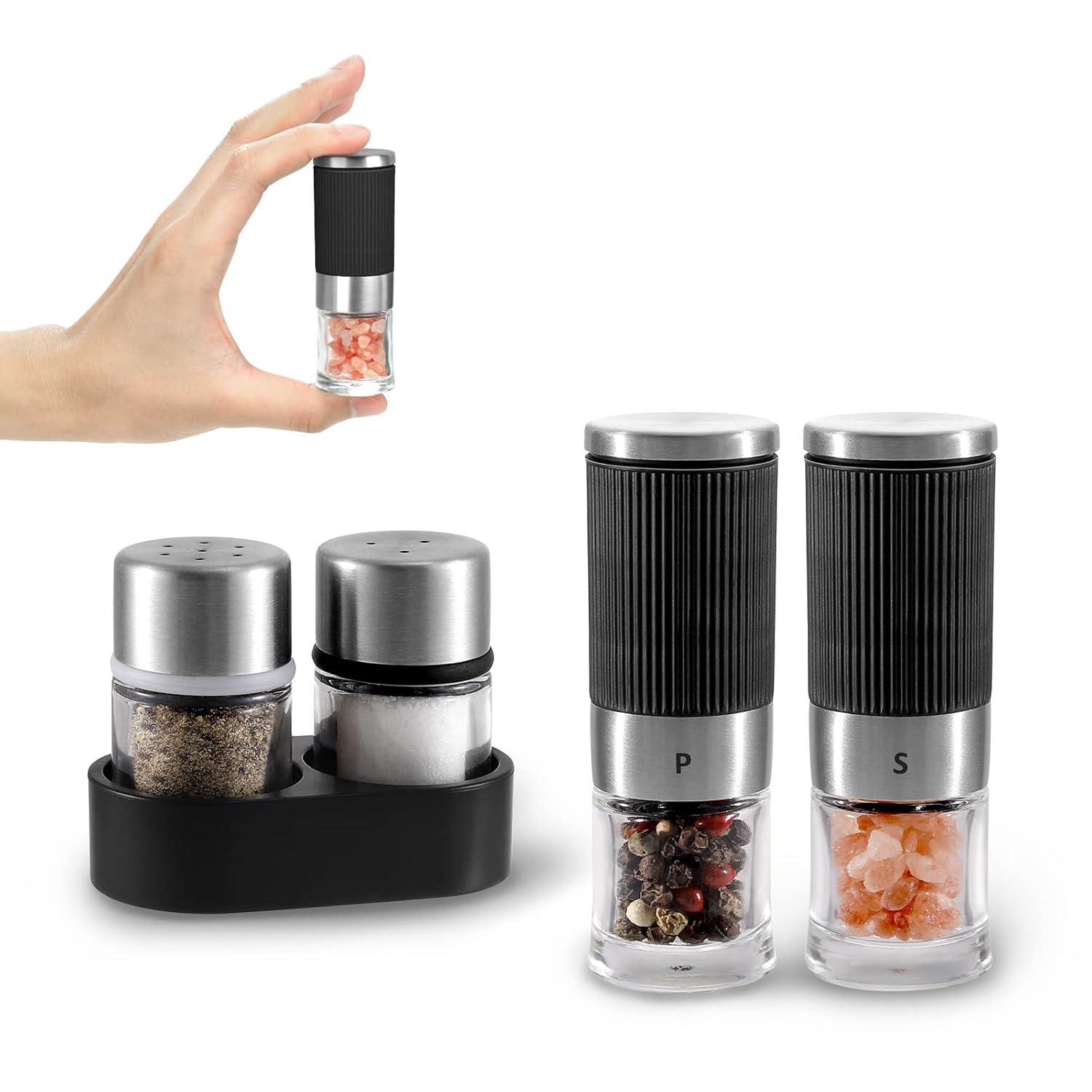 VEVOK CHEF Mini Salt and Pepper Grinder set with 2 Small Salt and Pepper Shakers Portable Cute Tiny Spice Grinder Pepper Mill Salt Grinder for Travel, Work, Camping, Party, School, Lunch Box