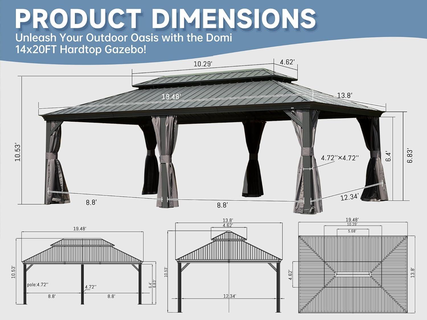 Domi 14'x20' Hardtop Gazebo Canopy,Outdoor Aluminum Gazebo with Galvanized Steel Double Roof,Large Permanent Gazebo Pavilion for Patio Deck Backyard,Curtain and Netting,Grey