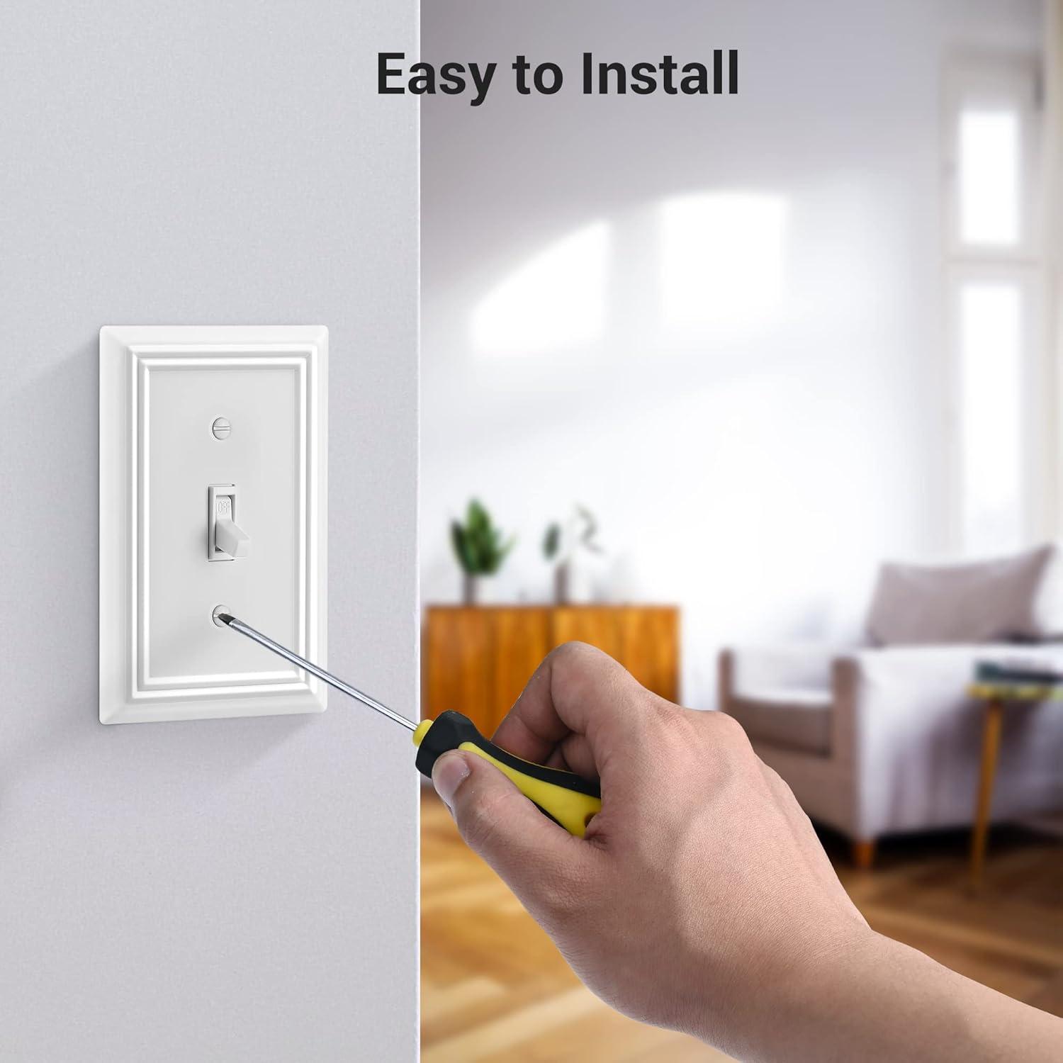 Modern Decorative Wall Plate Switch Plate Outlet Cover, Vintage Retro Wood Grain Design(Single Toggle-4 Pack, White)