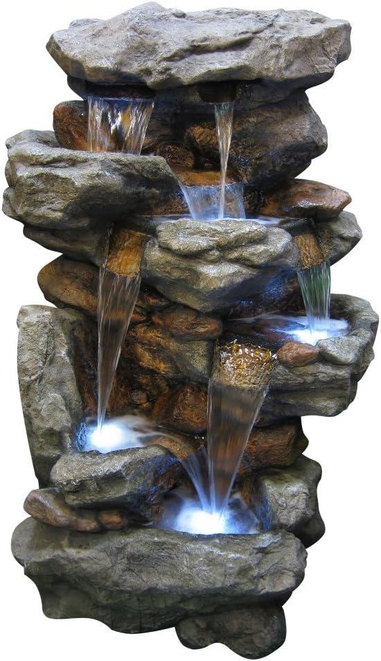 52" Brown Tiered Rock Waterfall Fountain with LED Lights